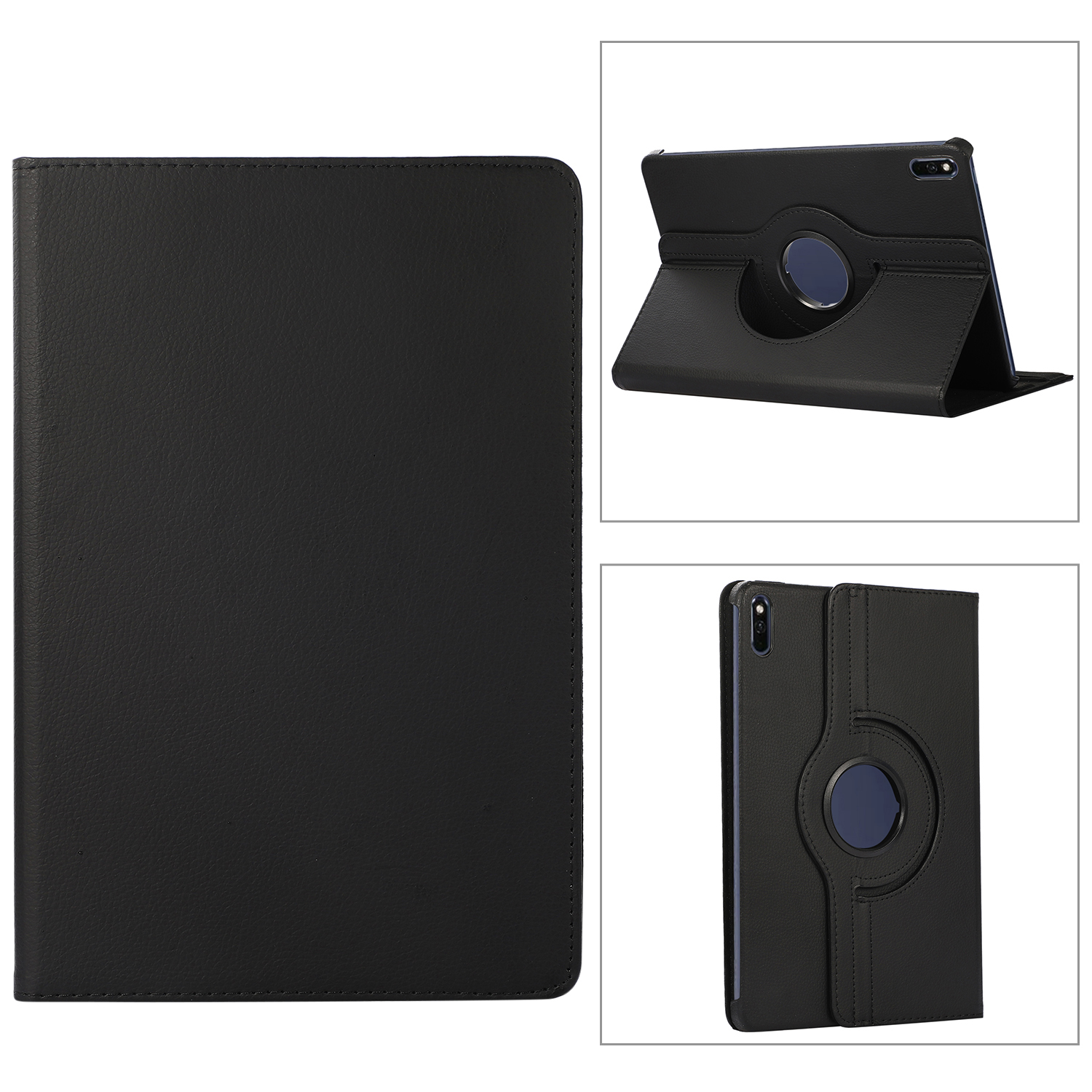 Schwarze Tablet-Hülle mit Drehfunktion. Mehrere Ansichten werden gezeigt. Die Hülle ist aus Leder.