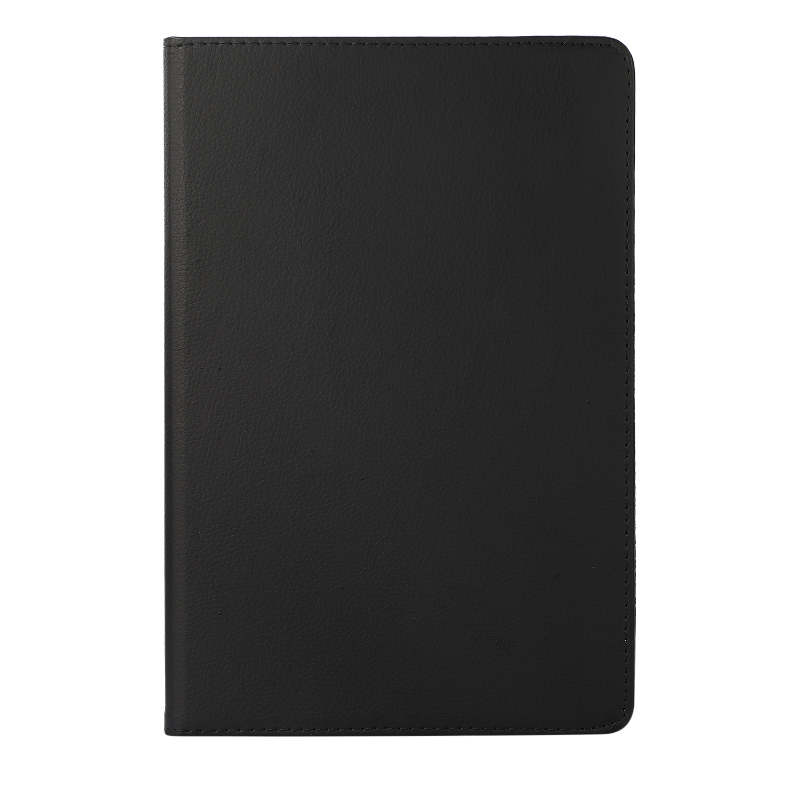 Eine geschlossene schwarze Lederbuch- oder Tablet-Hülle. Die Hülle hat eine glatte Oberfläche.