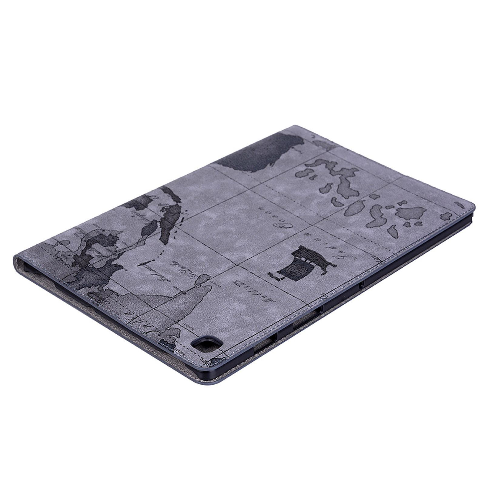 Tablethülle mit Weltkarten-Design. Graue Farbe. Weißer Hintergrund.