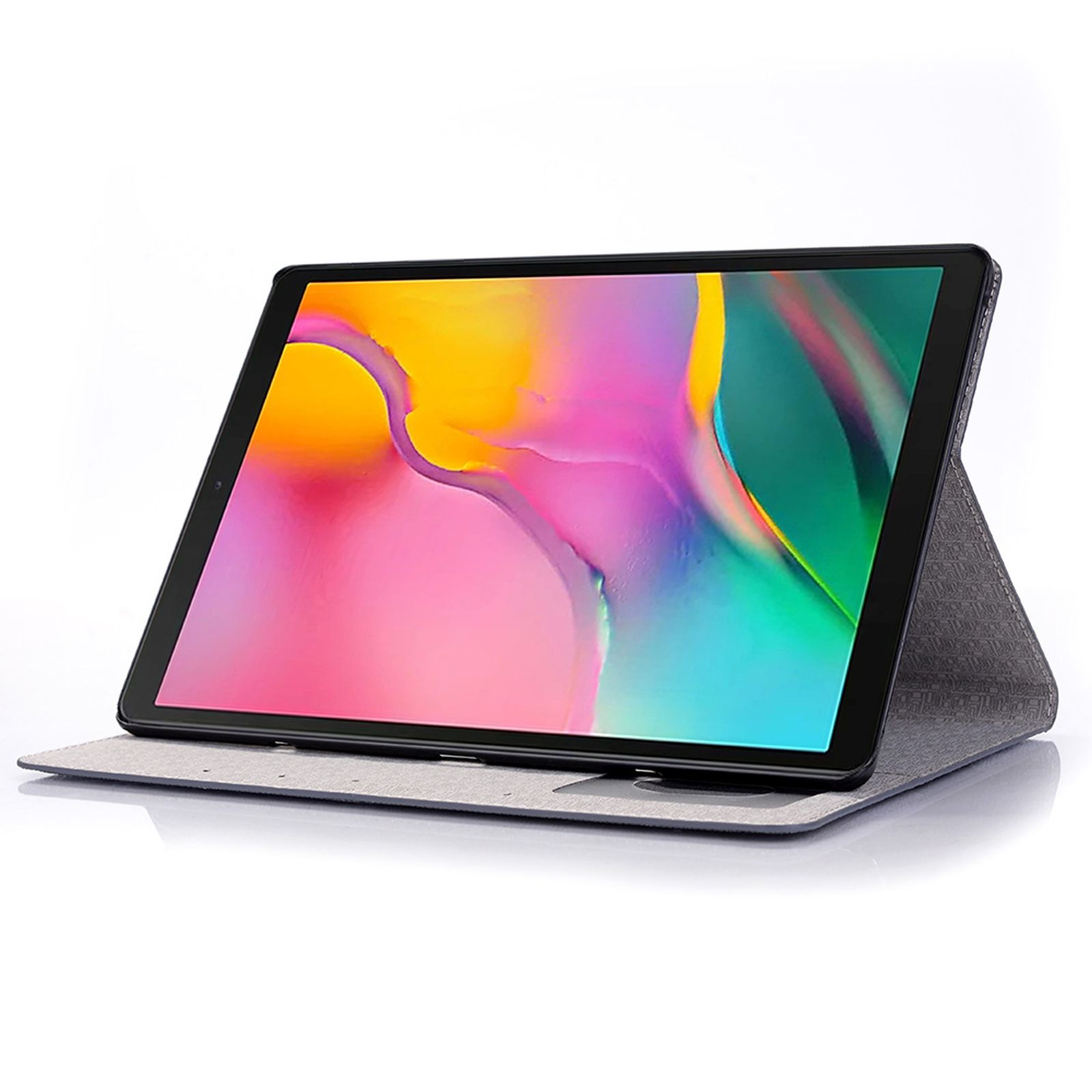Tablet mit grauem Gehäuse, aufgestellt, mit einem rosa-lila Bild auf dem Bildschirm.