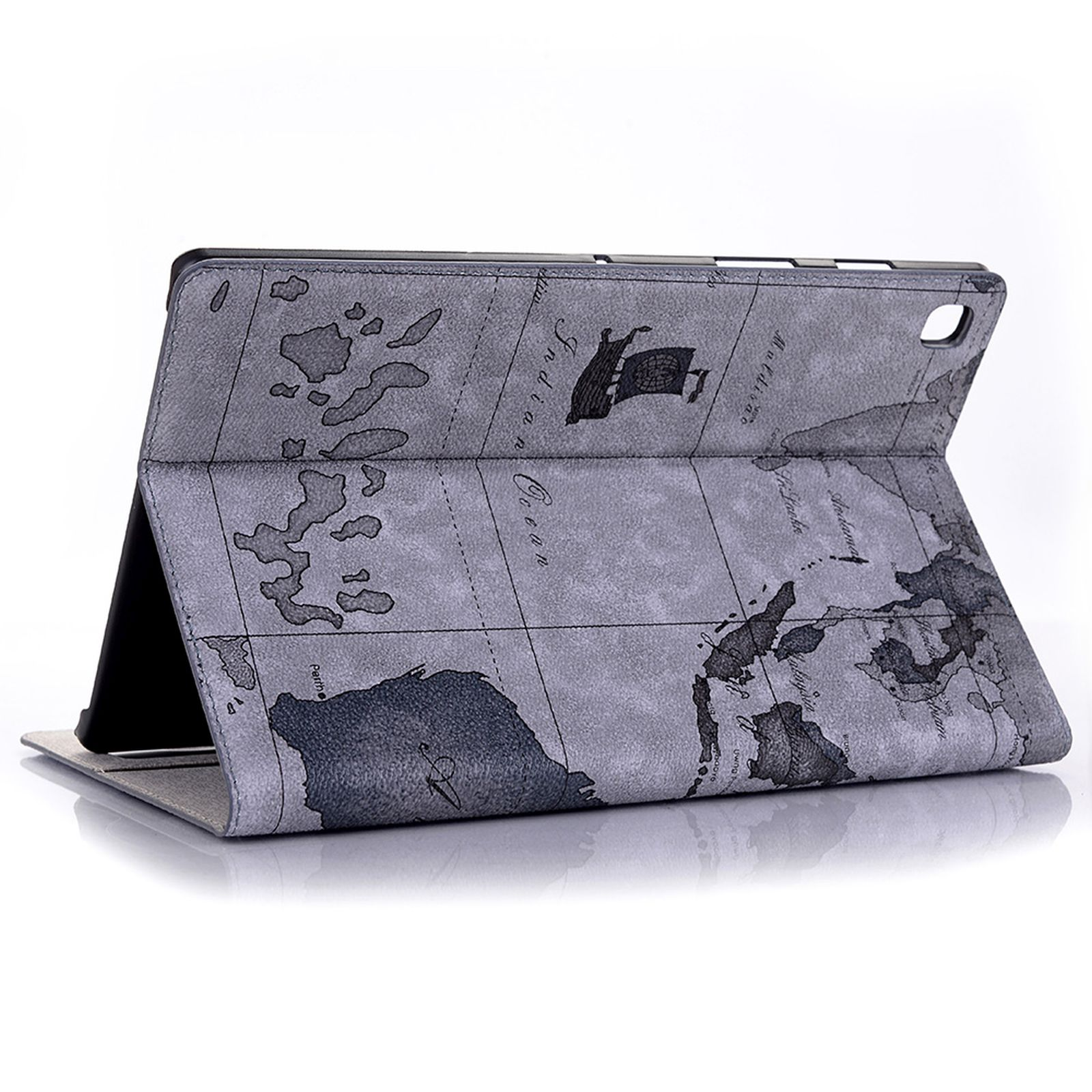 Tablet-Hülle mit Kartenmotiv. Die Karte ist grau, mit Landmassen und Ozeanen. Die Hülle ist geöffnet.