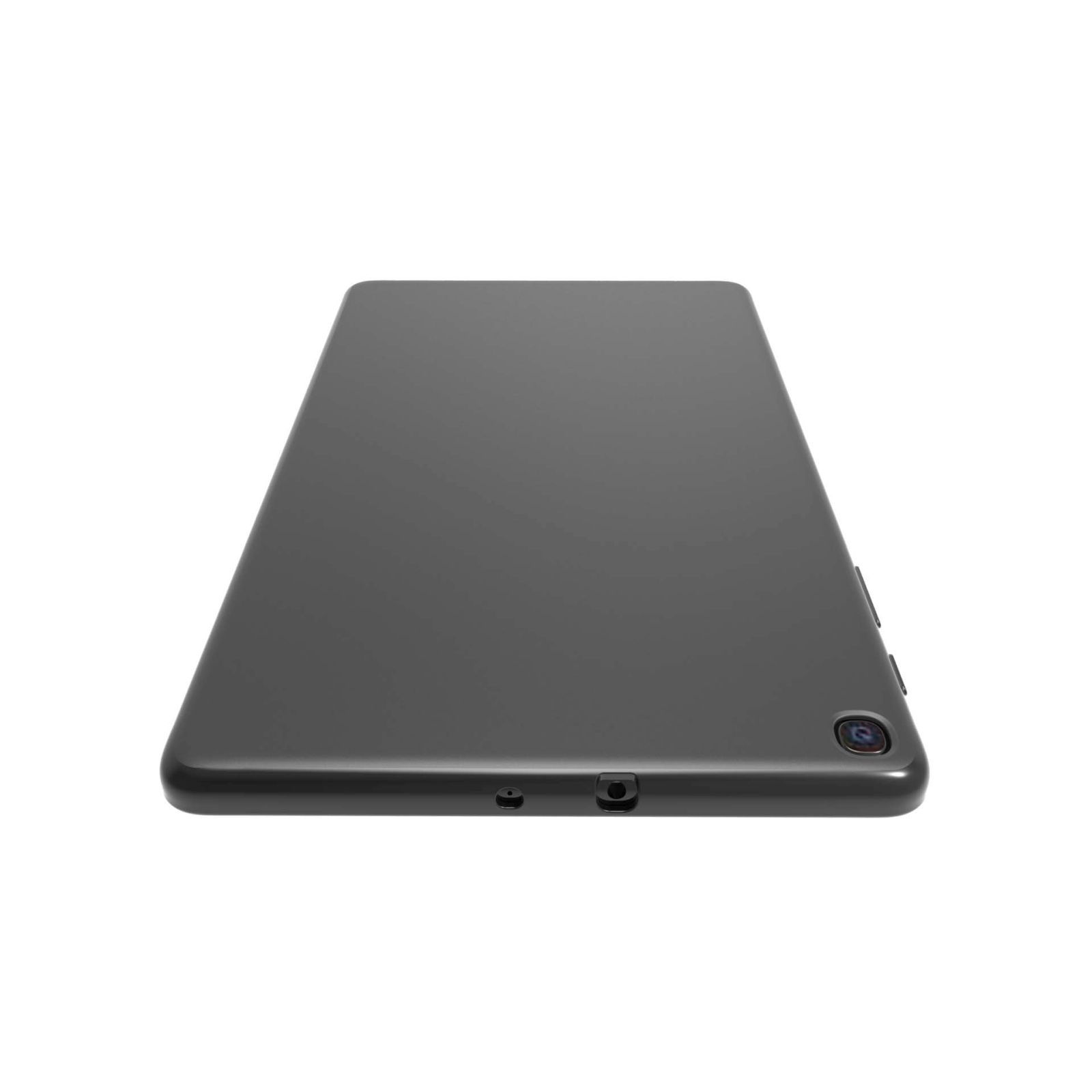 Ein schwarzes Tablet. Das Tablet liegt flach und zeigt einen dunklen Bildschirm. Die Kamera ist sichtbar.