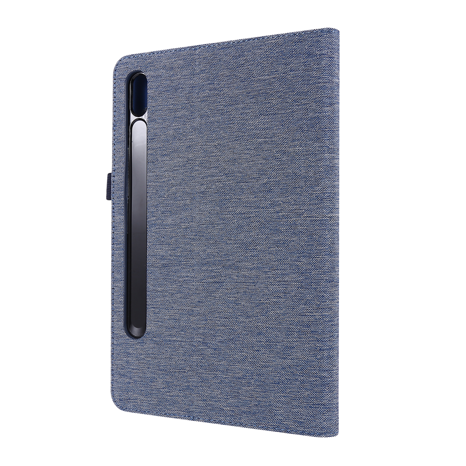 Blaue Stoff-Tablettasche mit Stifthalterung und dunklem Stift. Die Hülle ist geschlossen.