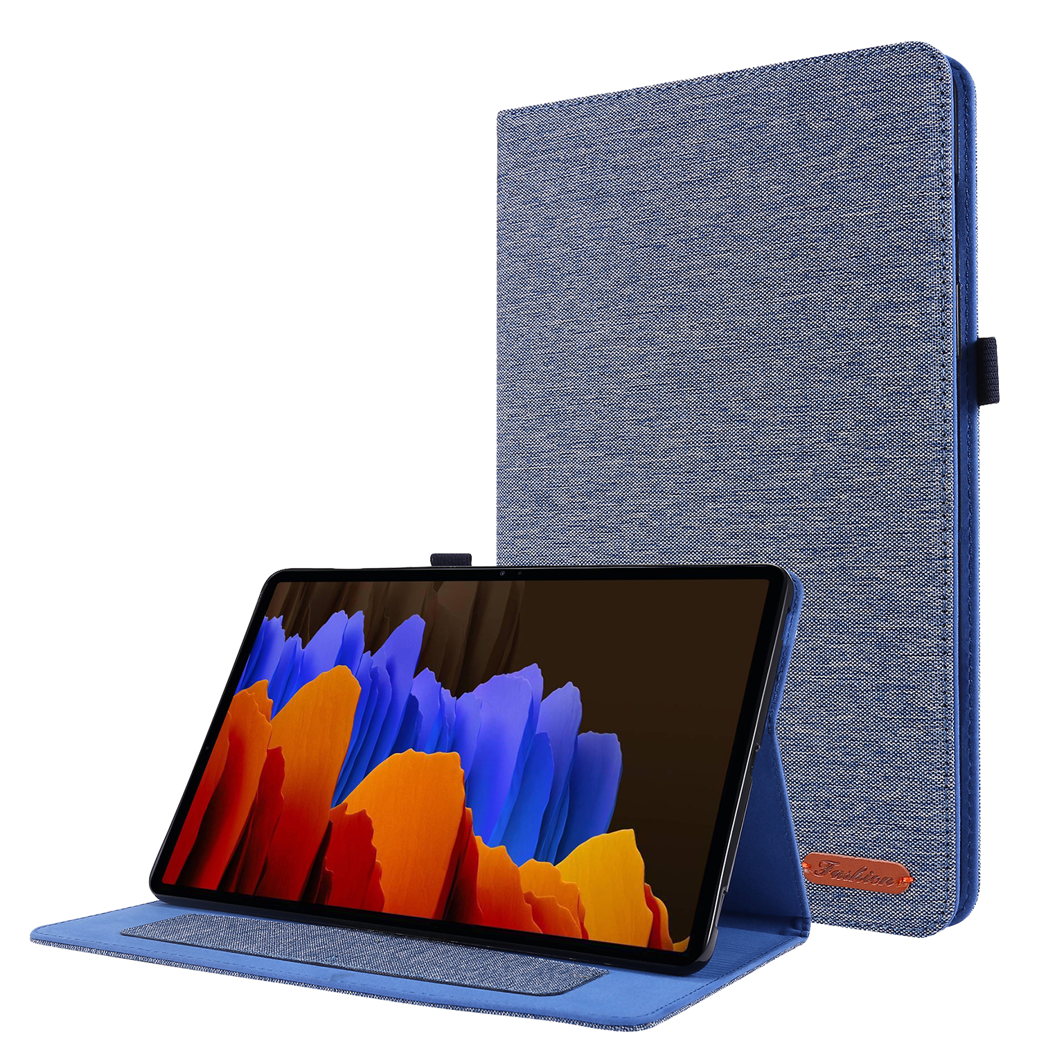 Blaue Stoff-Tablethülle mit Tablet darin. Der Tablettbildschirm zeigt buntes Bild.