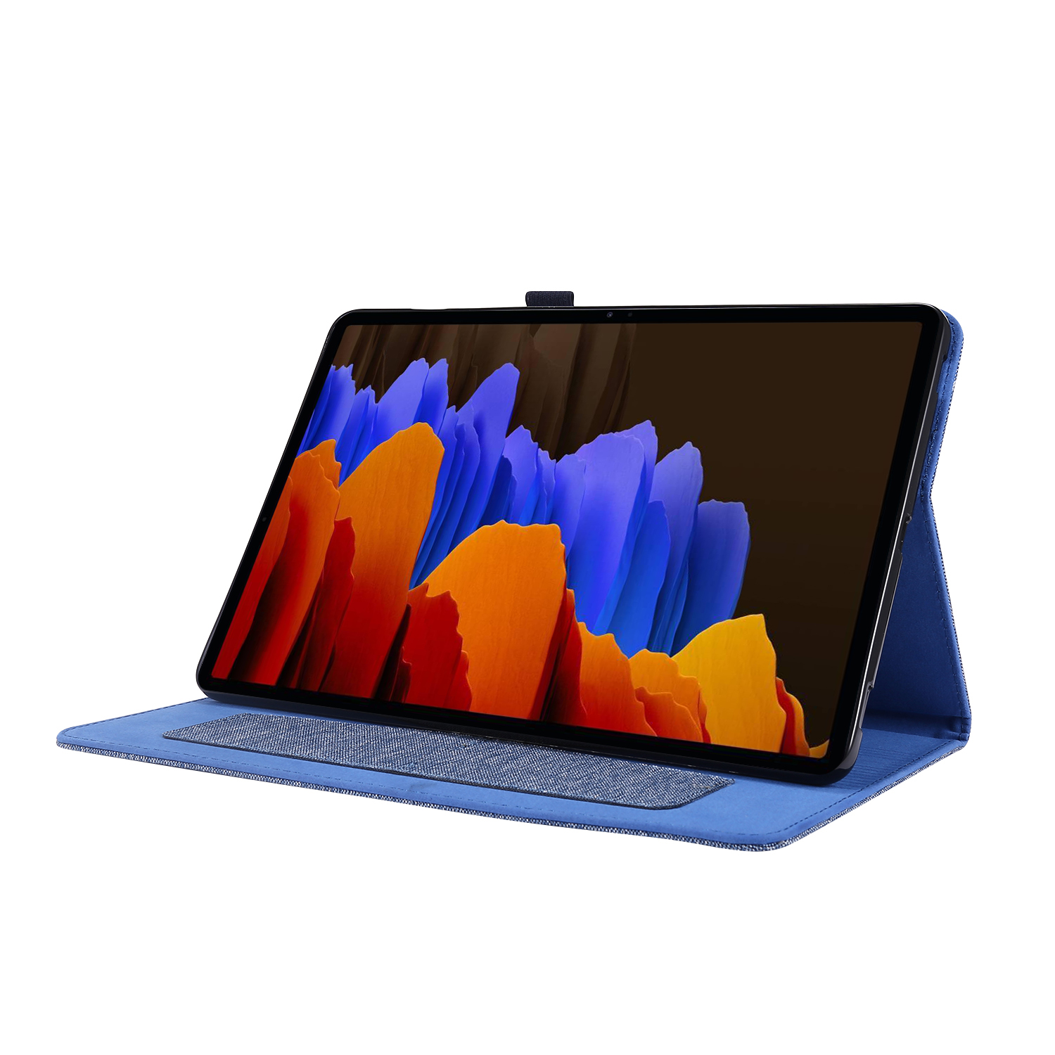 Tablet in blauem Gehäuse, offen und angewinkelt. Abstrakter Hintergrund.
