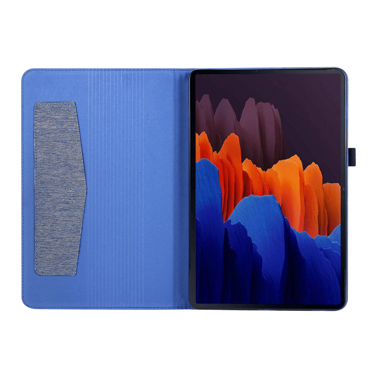 Tablet in blauem Etui, geöffnet. Der Tablettbildschirm zeigt Landschaft mit Bergen in Orange und Blau.