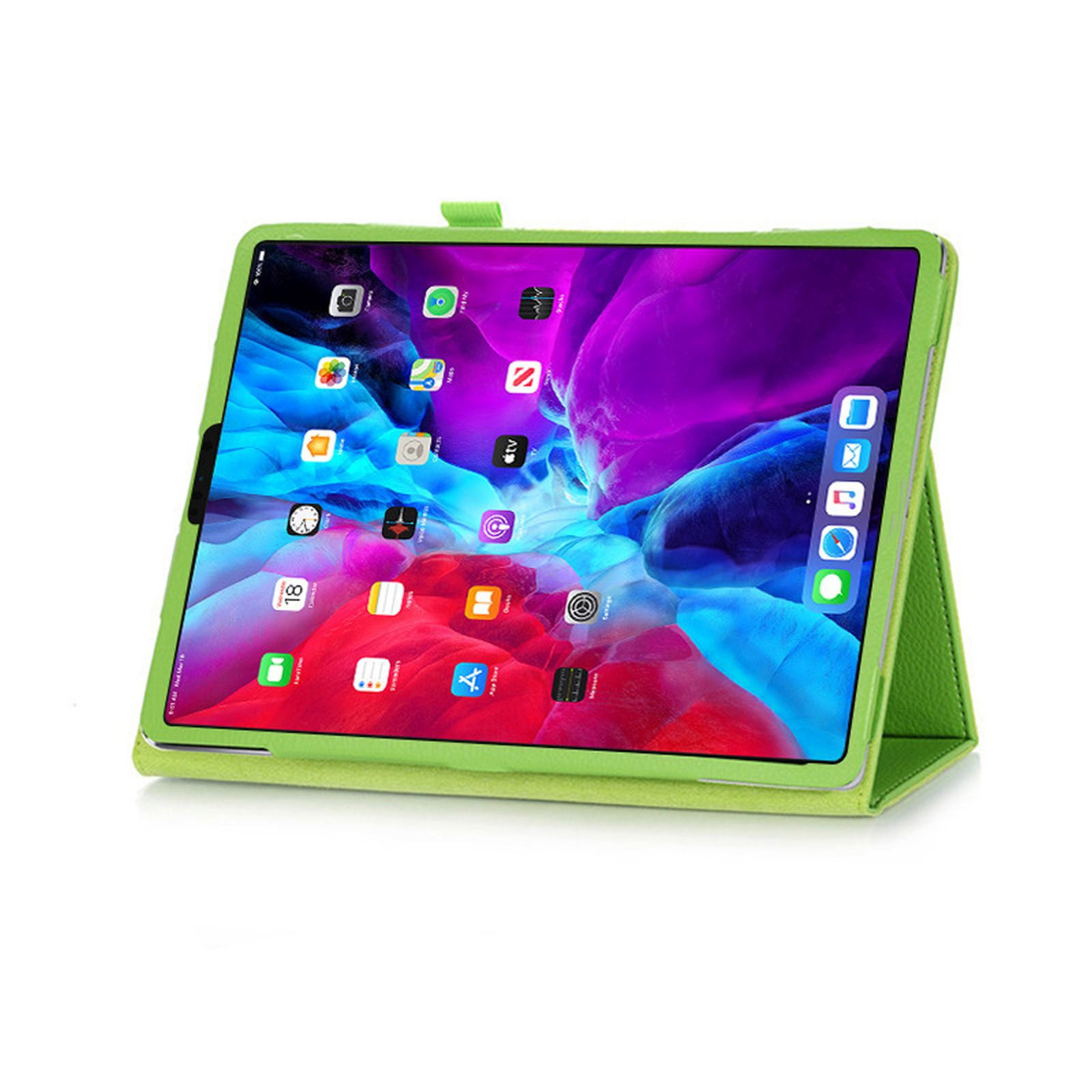 Grünes Tablet in einer grünen Hülle, geöffnet und aufgestellt. Der Bildschirm zeigt App-Symbole auf einem bunten Hintergrund.