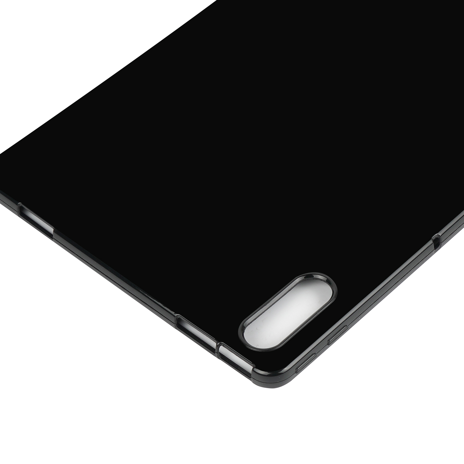 Detail der Tabletecke. Schwarze, glänzende Hülle mit abgerundeter Kante. Weißer Hintergrund.