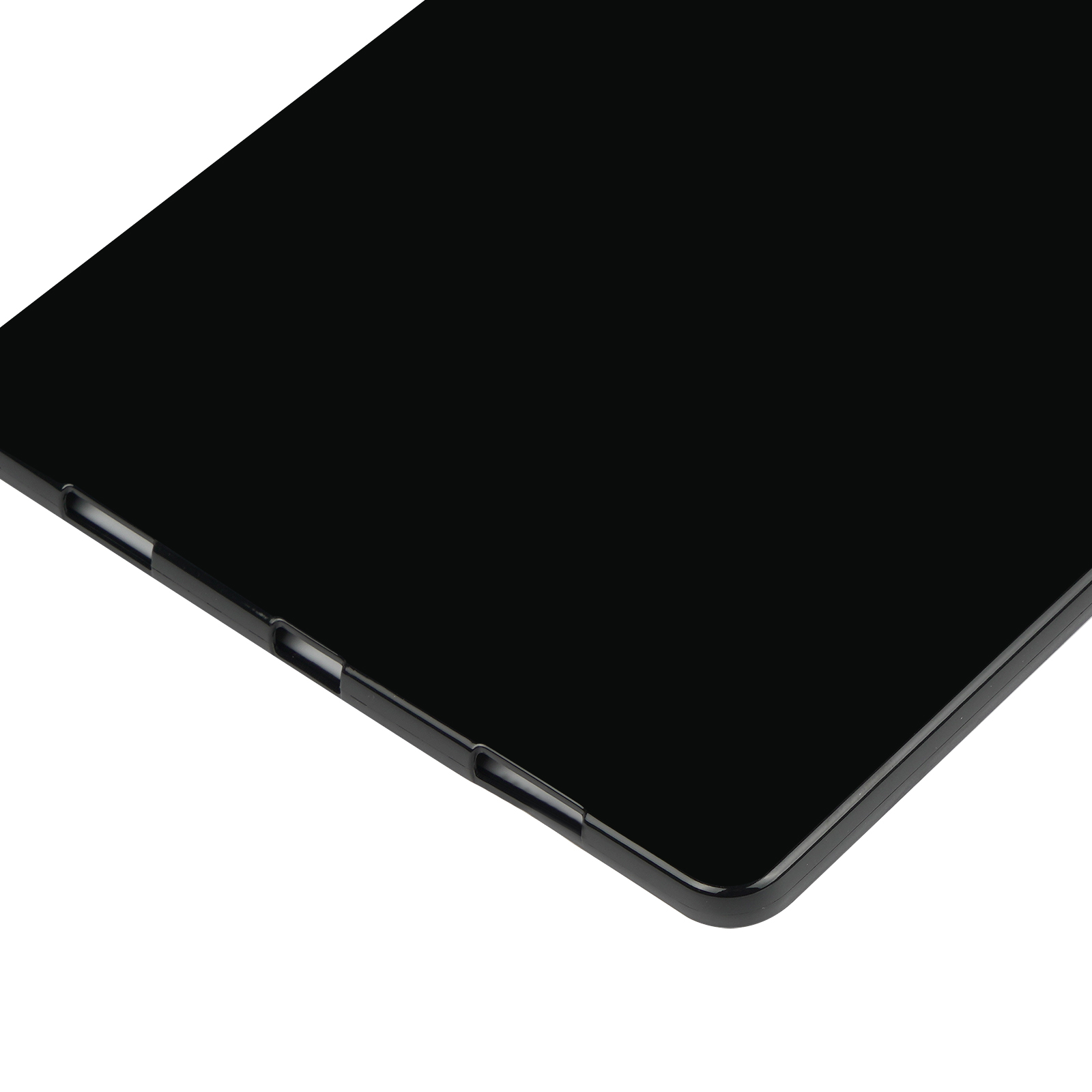 Schwarzer Tablet-Rahmen, der die Seite mit Ladeanschlüssen zeigt.
