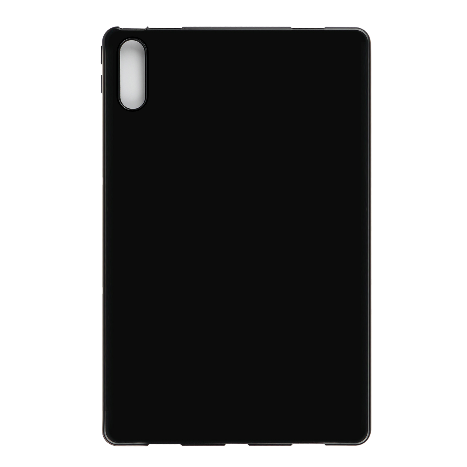Eine schwarze Tablet-Hülle. Die Hülle hat ein Loch für die Kamera.