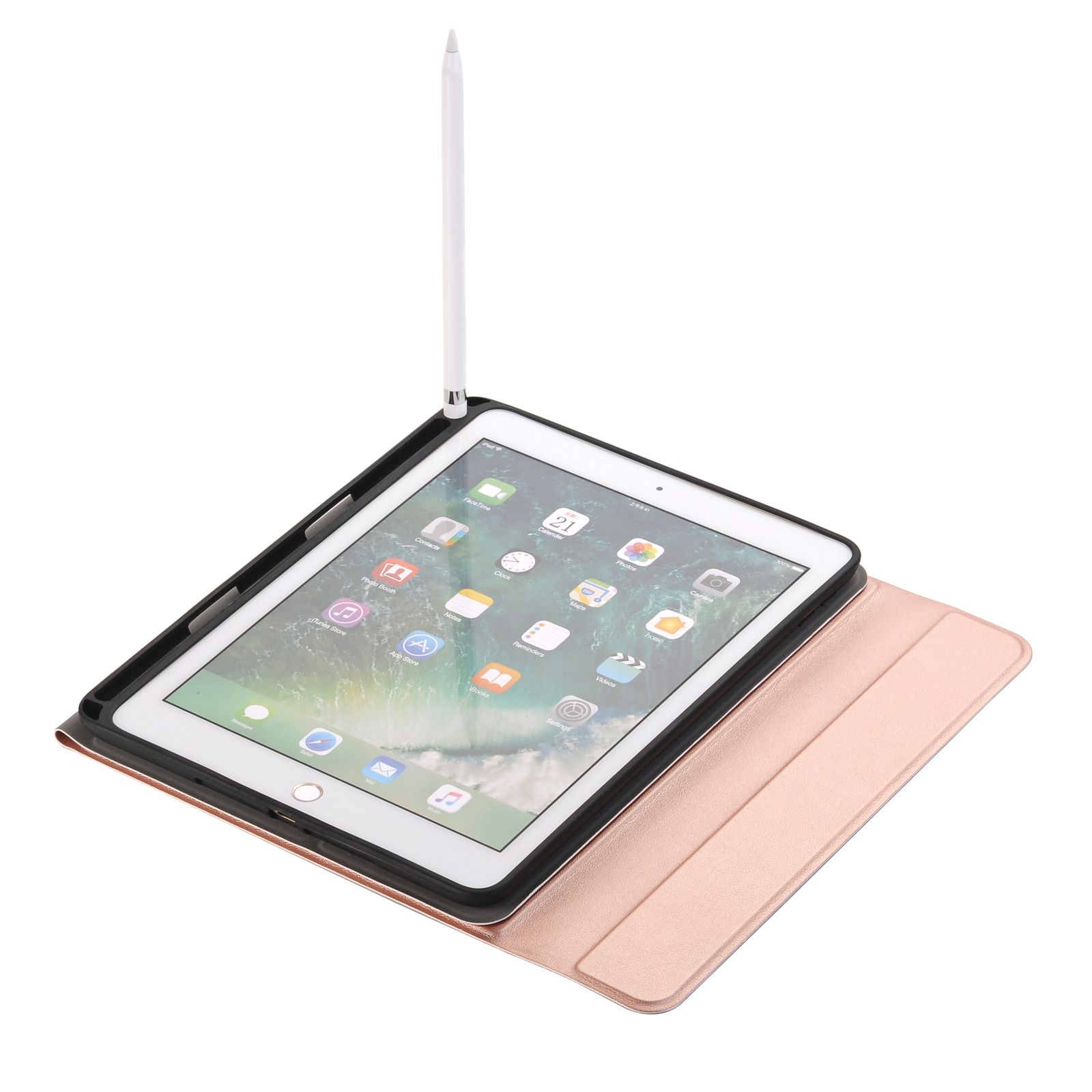 Tablet mit Stift und geöffneter Hülle. Der Bildschirm zeigt Apps, die Hülle ist roségoldfarben.