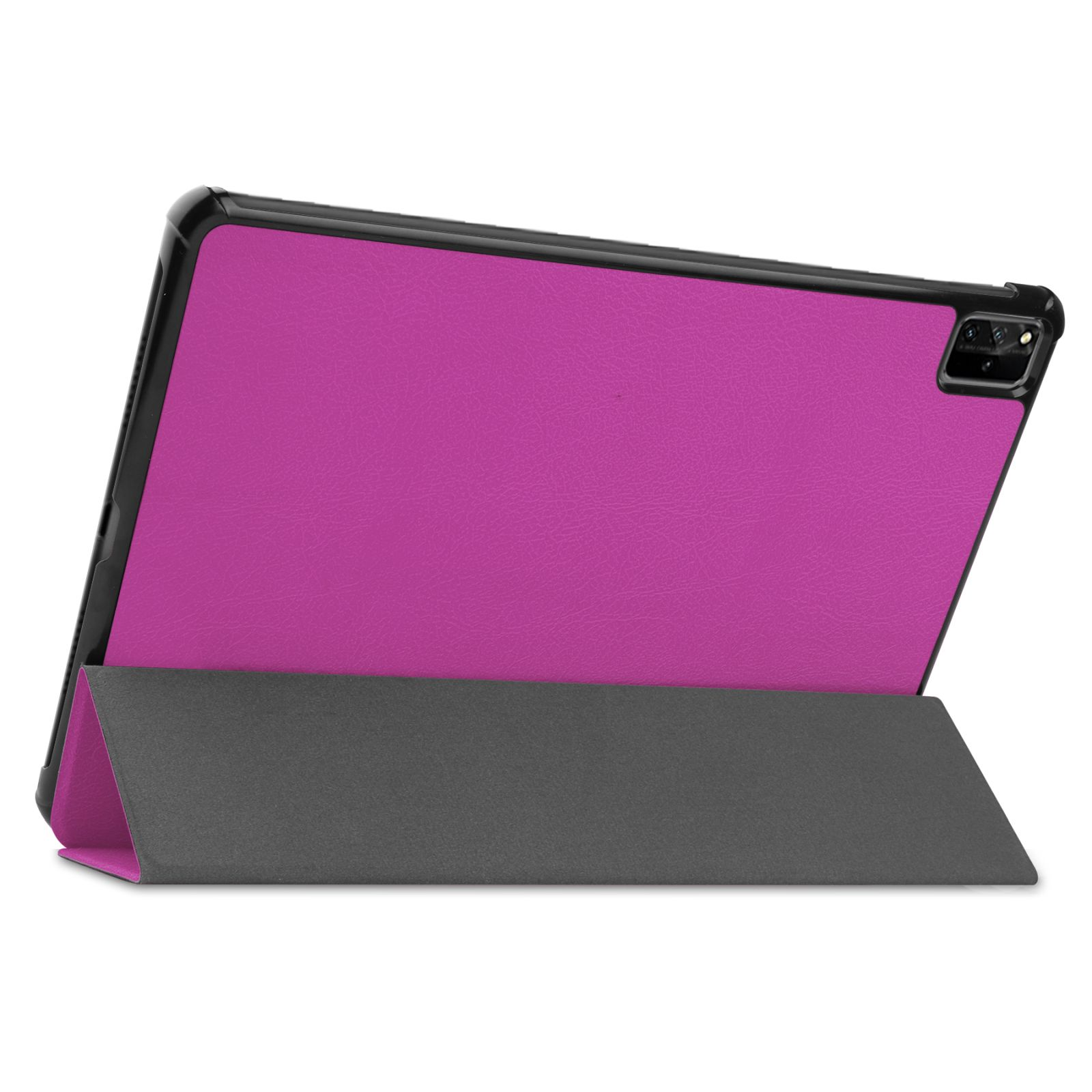 Tablet-Hülle ist aufgeklappt. Pinke Rückseite und grauer Ständer. Die Tablet-Kamera ist sichtbar.