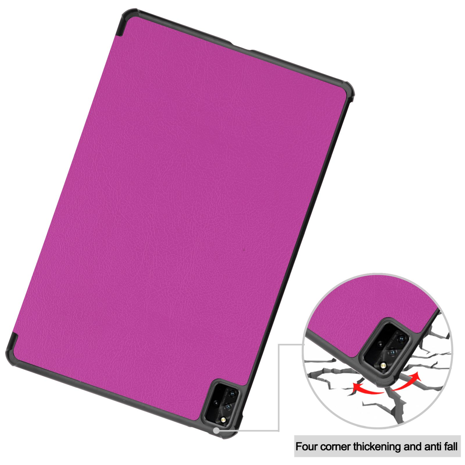 Lila Tablet-Hülle mit schwarzem Rahmen. Eckendetail zeigt Stoßschutzdesign.