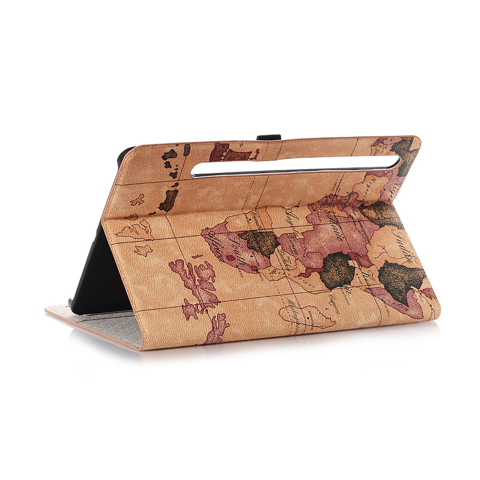 Braune, mit Karte bedeckte Tablet-Hülle geöffnet. Die Hülle zeigt Weltkartenillustrationen.