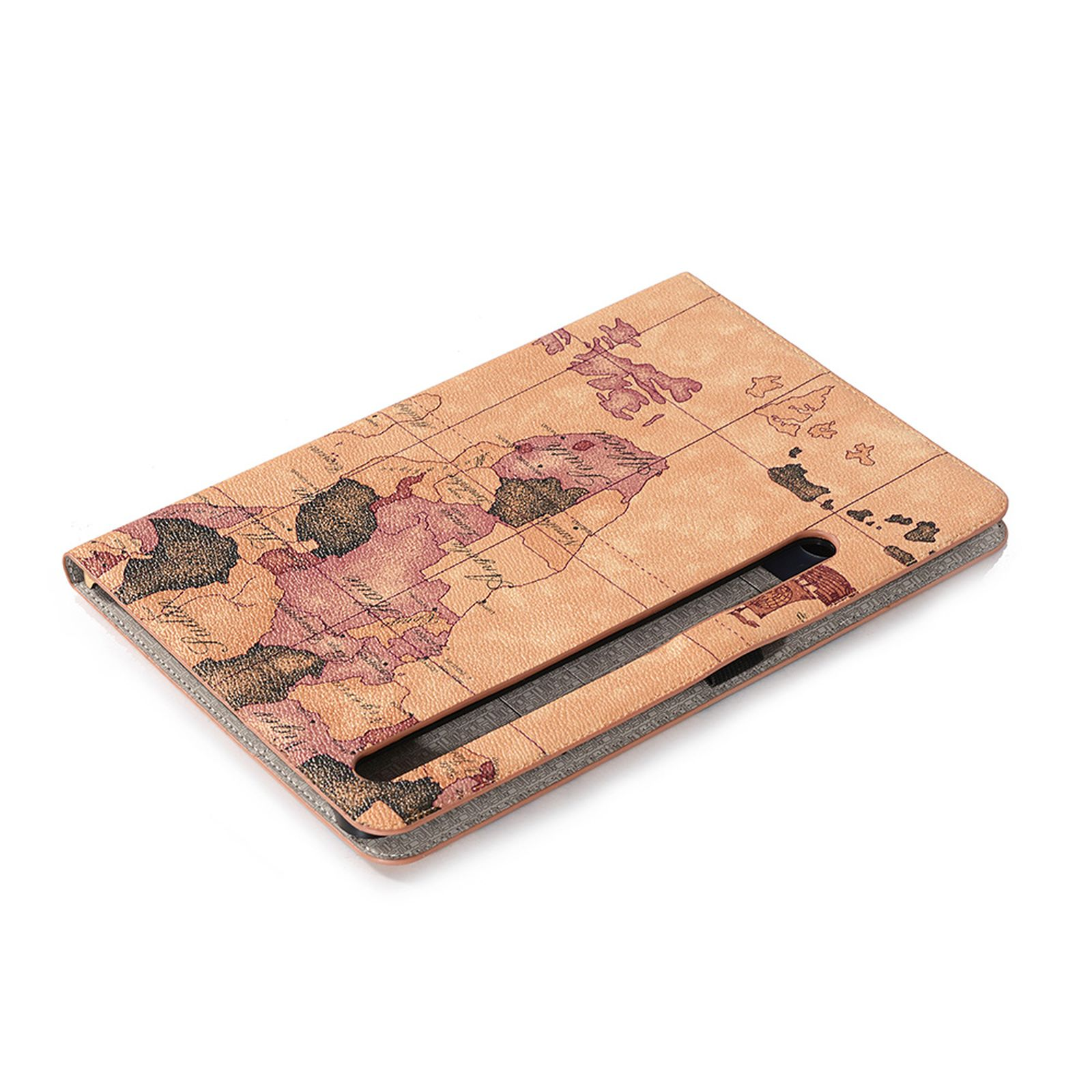 Tablethülle mit Weltkarten-Design. Die Hülle ist braun und hat einen Stifthalter.