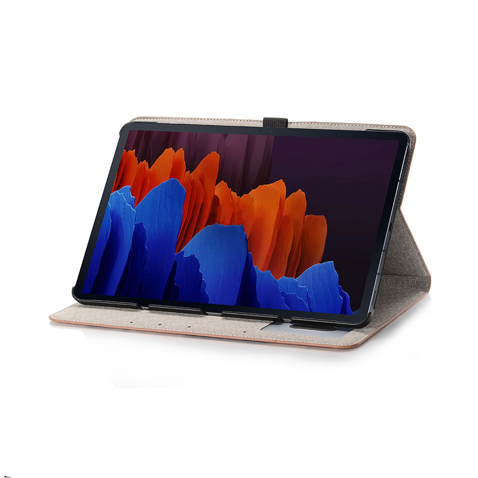 Tablet in einem Gehäuse, das vom Gehäuse getragen wird. Der Bildschirm zeigt ein abstraktes Bild.