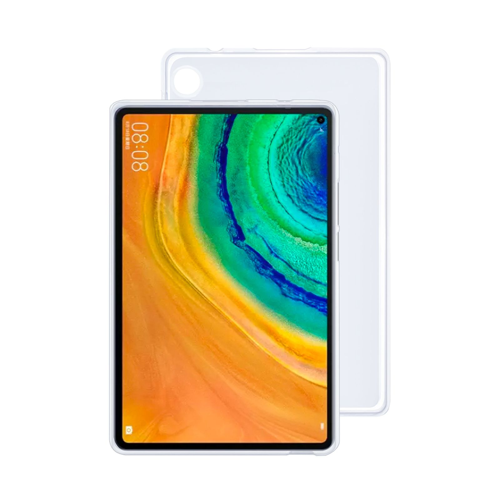 Eine transparente Tablethülle. Der Tablet-Bildschirm zeigt ein farbenfrohes Bild auf weißem Hintergrund.