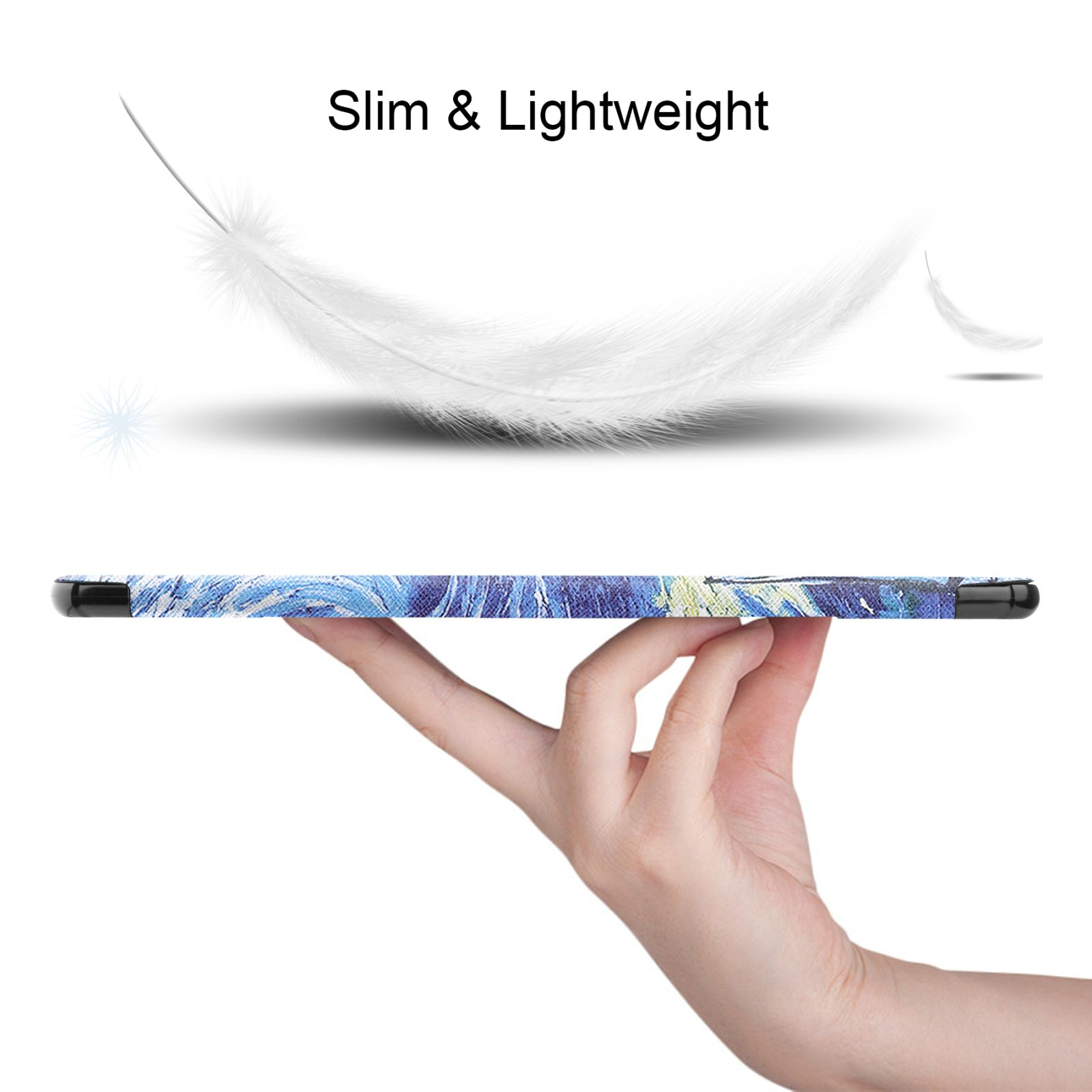 Eine Hand hält ein dünnes Tablet. Eine weiße Feder schwebt darüber. Text: 'Slim & Lightweight'.