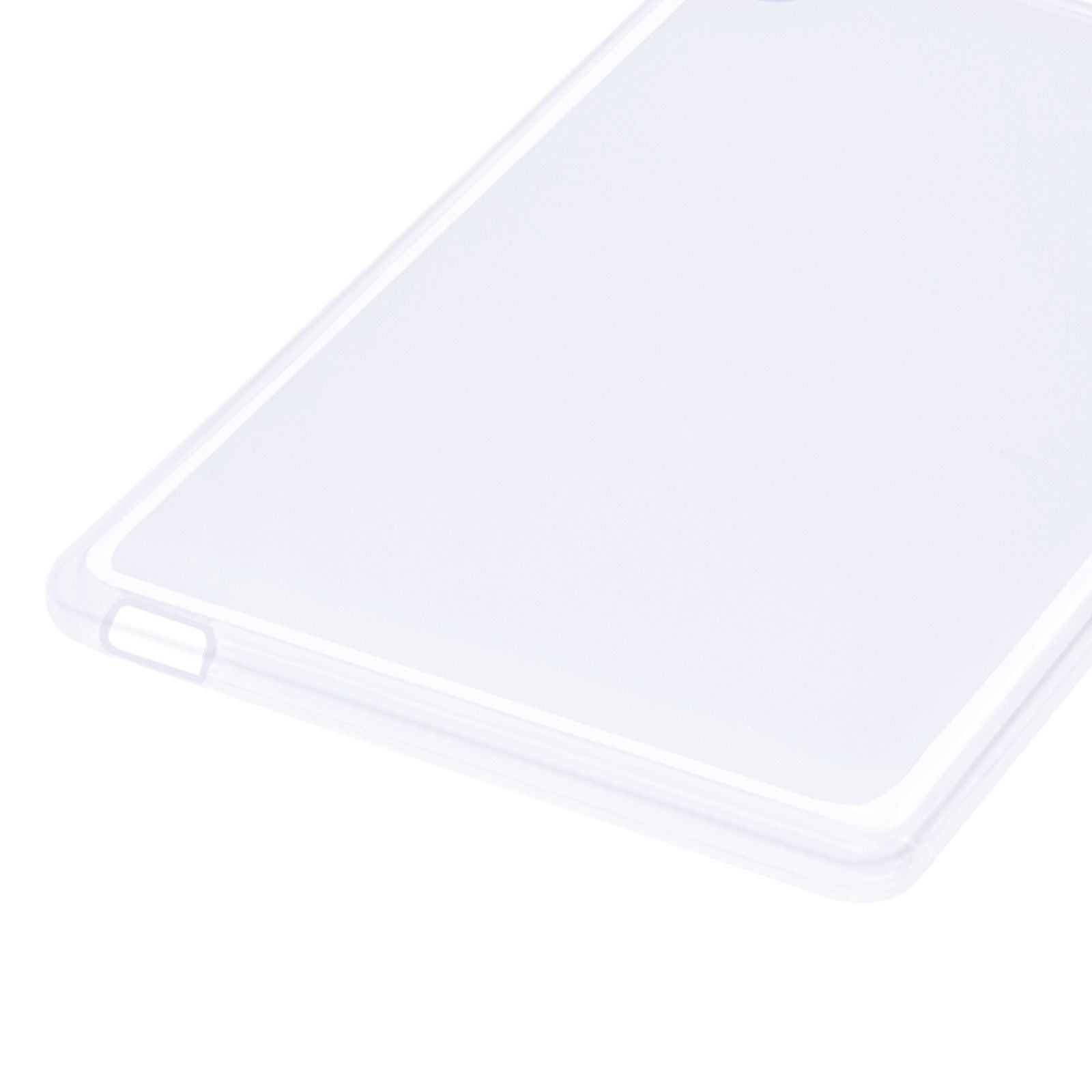 Transparente Tablett-Displayschutzfolie. Obere linke Ecke sichtbar. Weißer Hintergrund.