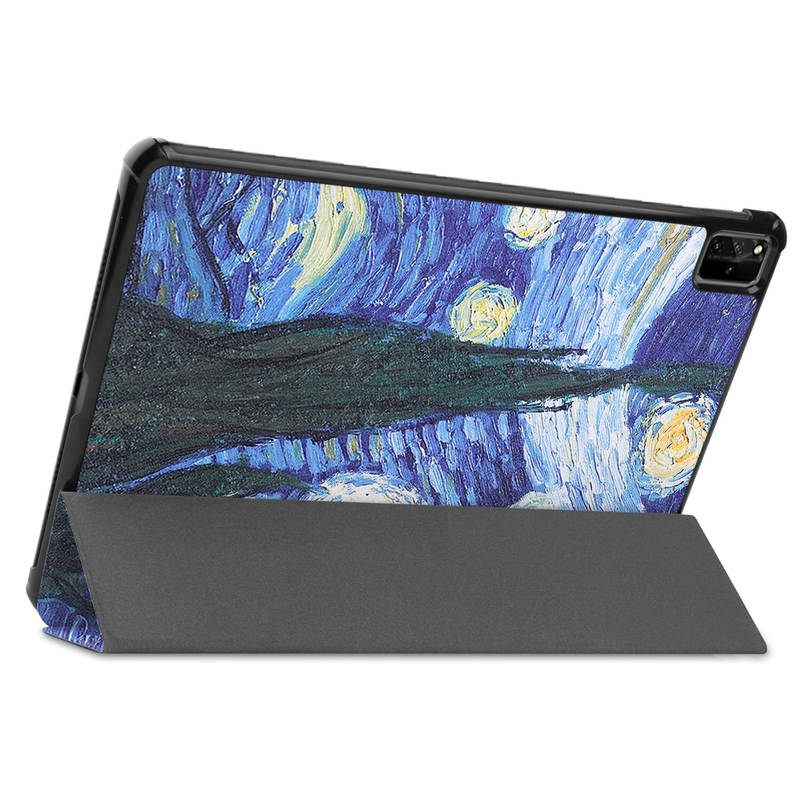 Tablet in einer Hülle mit Sternennacht-Gemälde auf der Rückseite.