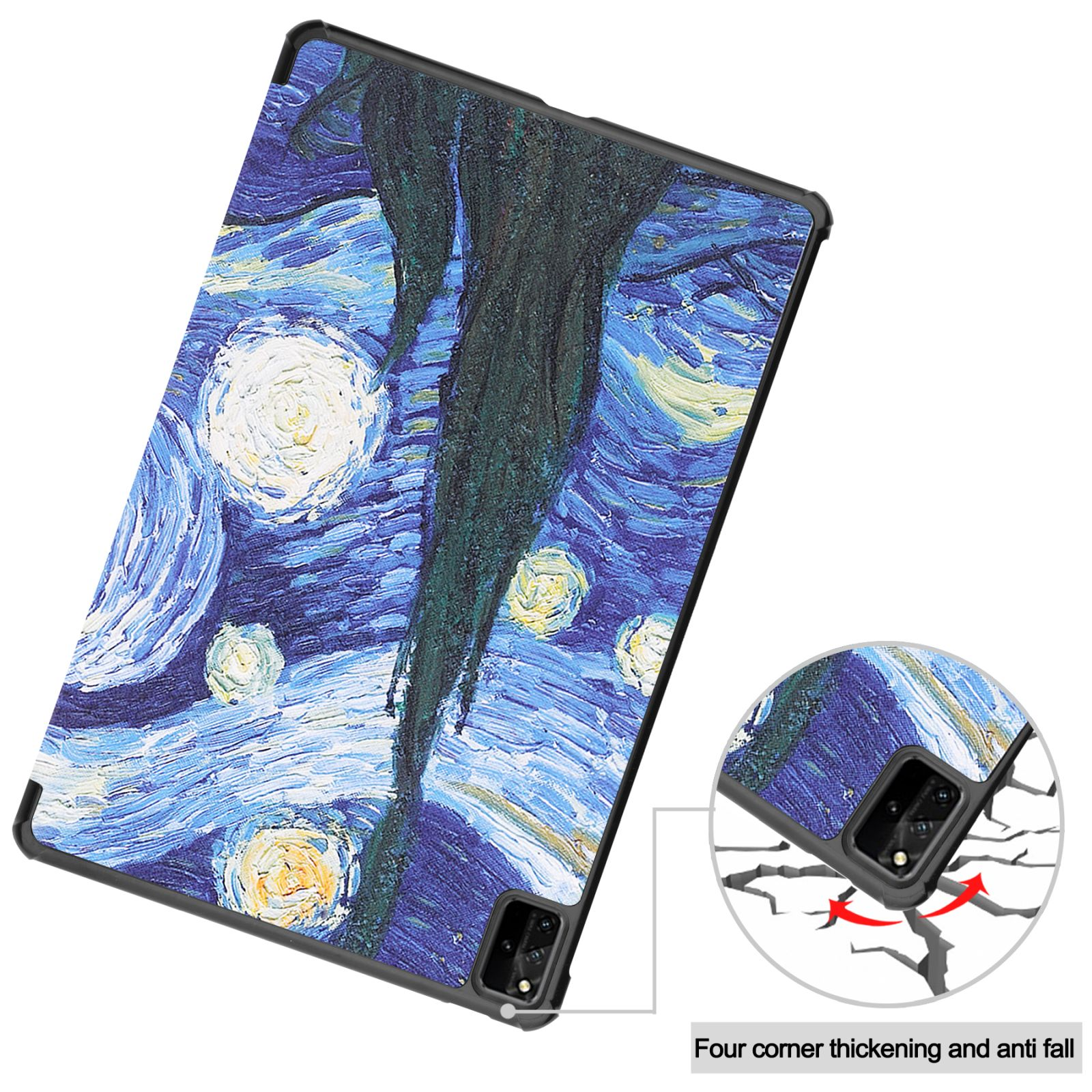 Tablethülle mit Van Goghs Sternennacht-Kunst. Vergrößerte Ansicht zeigt Eckenschutz.