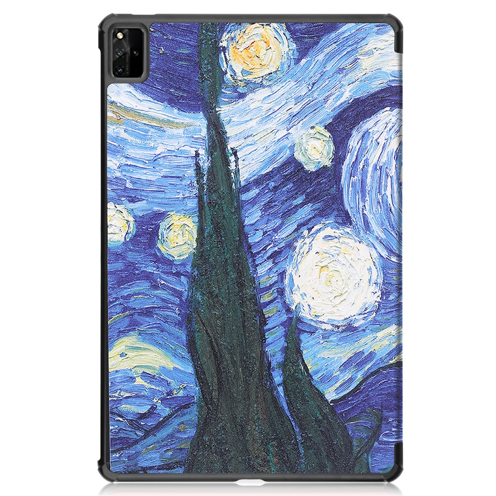 Tablet-Hülle mit einem Gemälde von Van Goghs Sternennacht. Dunkelblauer Himmel, gelbe Sterne und grüne Zypressen.