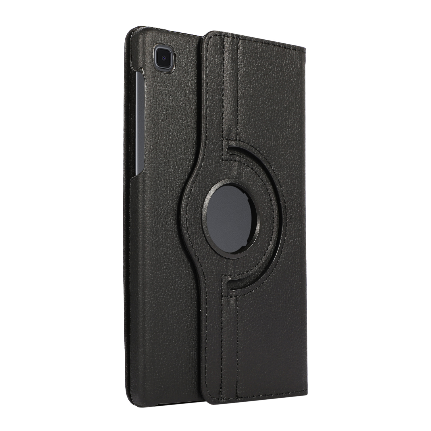 Schwarze Leder-Tablethülle, offen, stehend. Mit kreisförmigem Design.