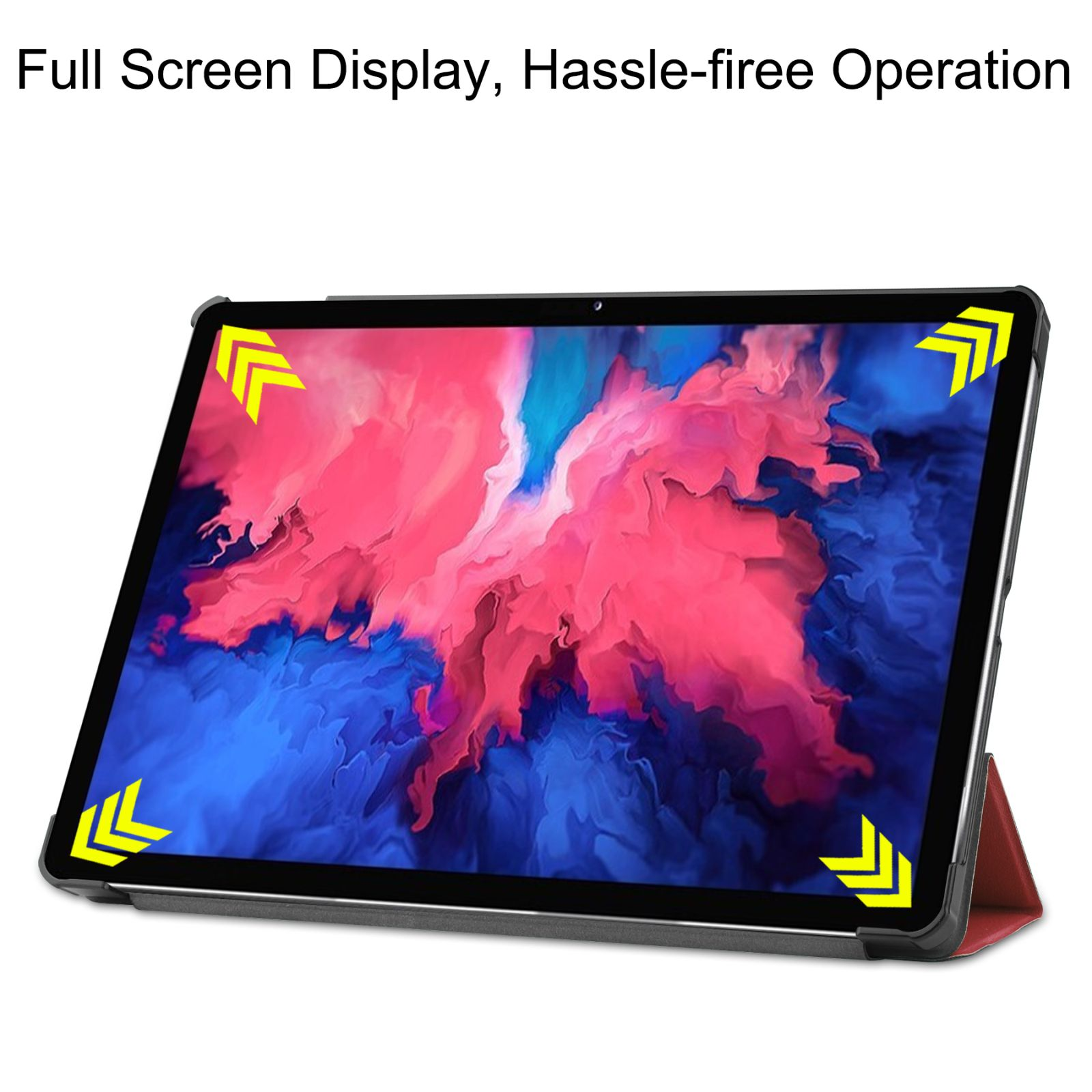 Tablet auf einem Ständer, zeigt ein farbenfrohes Display. Pfeile markieren die Ecken des Bildschirms.