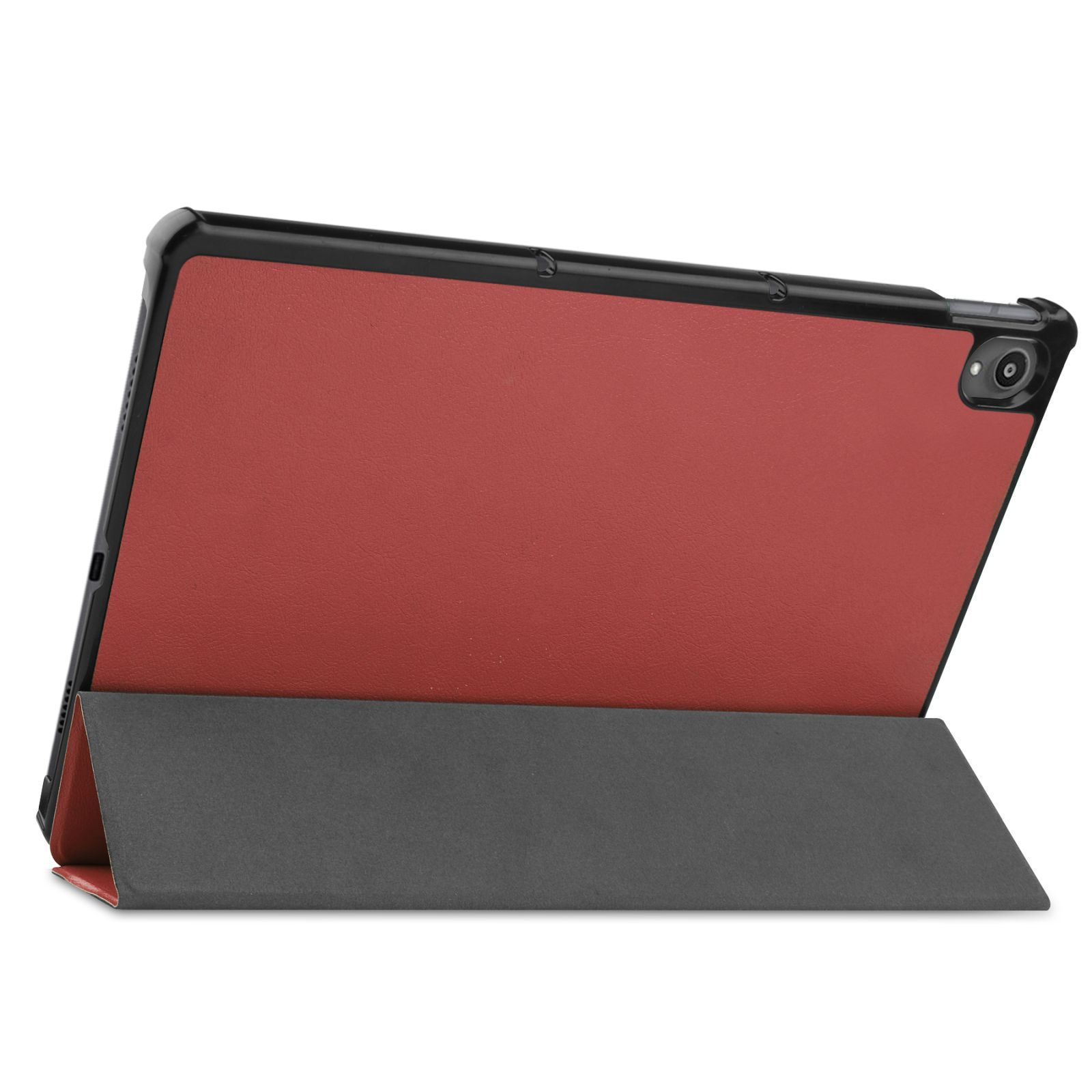 Rote Tablet-Hülle mit einem dunkelgrauen Ständer.