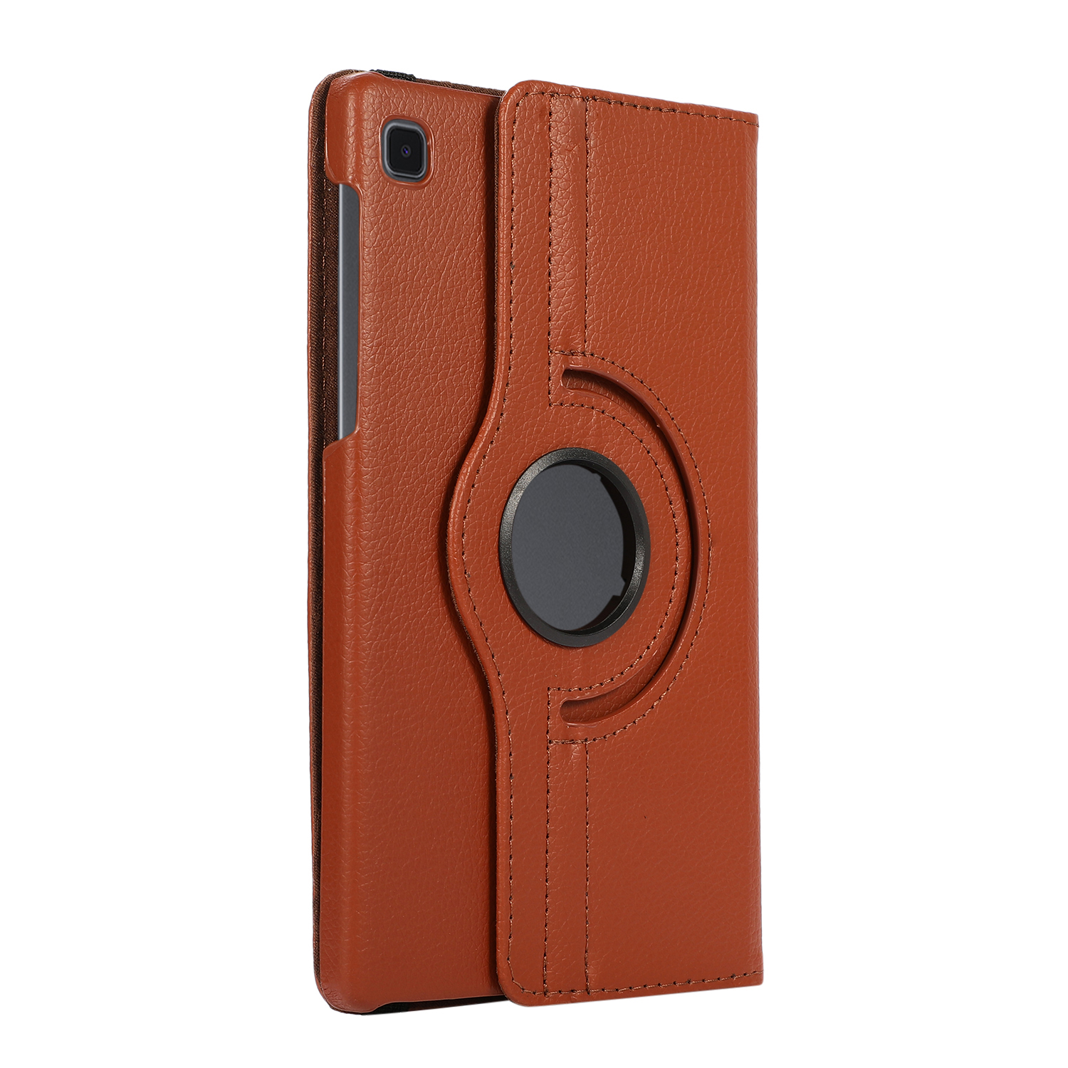 Tablethülle, offen. Braunes Leder, drehbares Design. Schwarzer Kreis in der Mitte. Tablet ist innen.