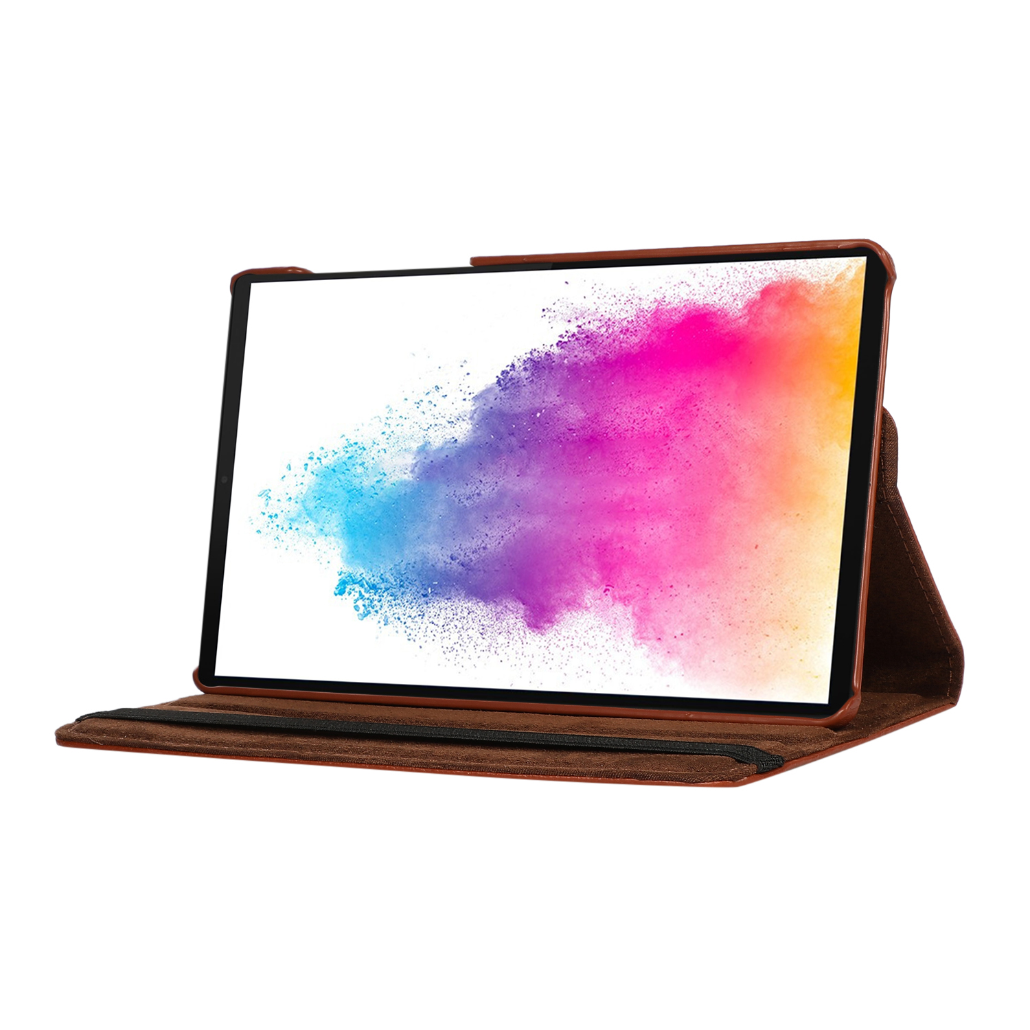Tablet auf braunem Etui. Das Display zeigt einen bunten Farbklecks. Das Etui ist geöffnet.