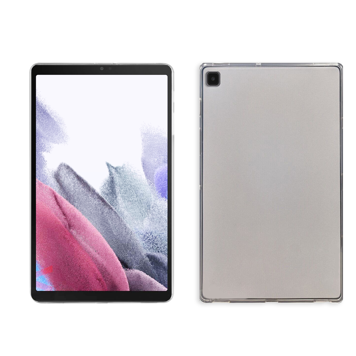 Tablet mit Bildschirm vorne und hinten. Silberner Rücken, schwarzer Bildschirm mit buntem Hintergrund.