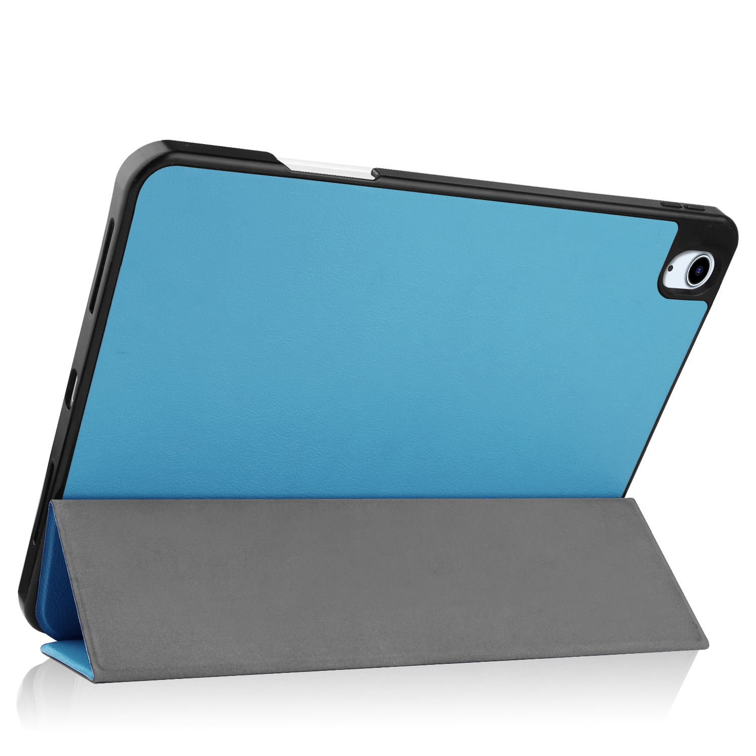 Tablet in einer blau-grauen Hülle, aufgestellt. Der Bildschirm ist sichtbar.