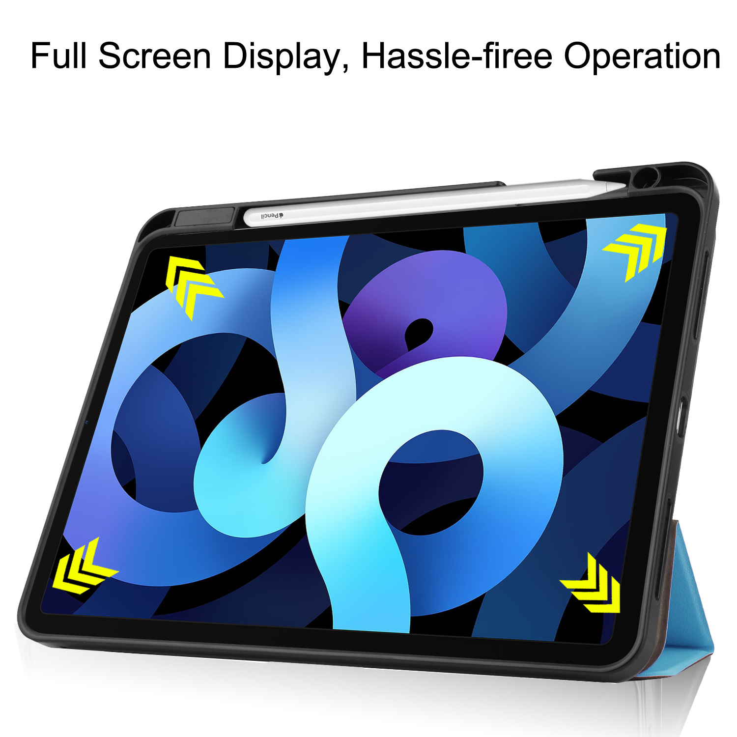 Tablet in Hülle mit Ständer. Display zeigt blaues und violettes abstraktes Design. Ein Stift liegt oben.