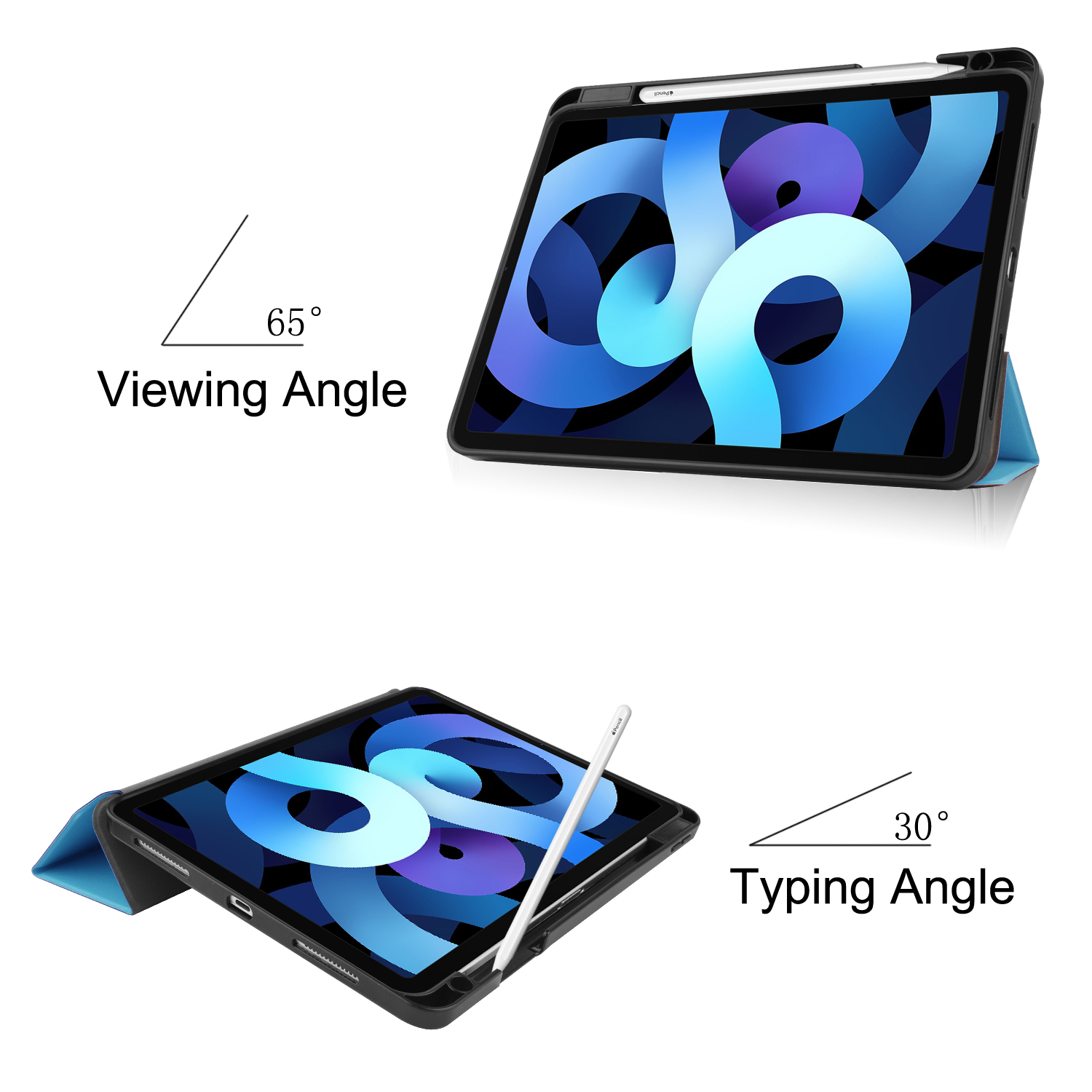 Tablet in Hülle mit Betrachtungs- und Schreibwinkeln. Blaue und schwarze Hintergründe.