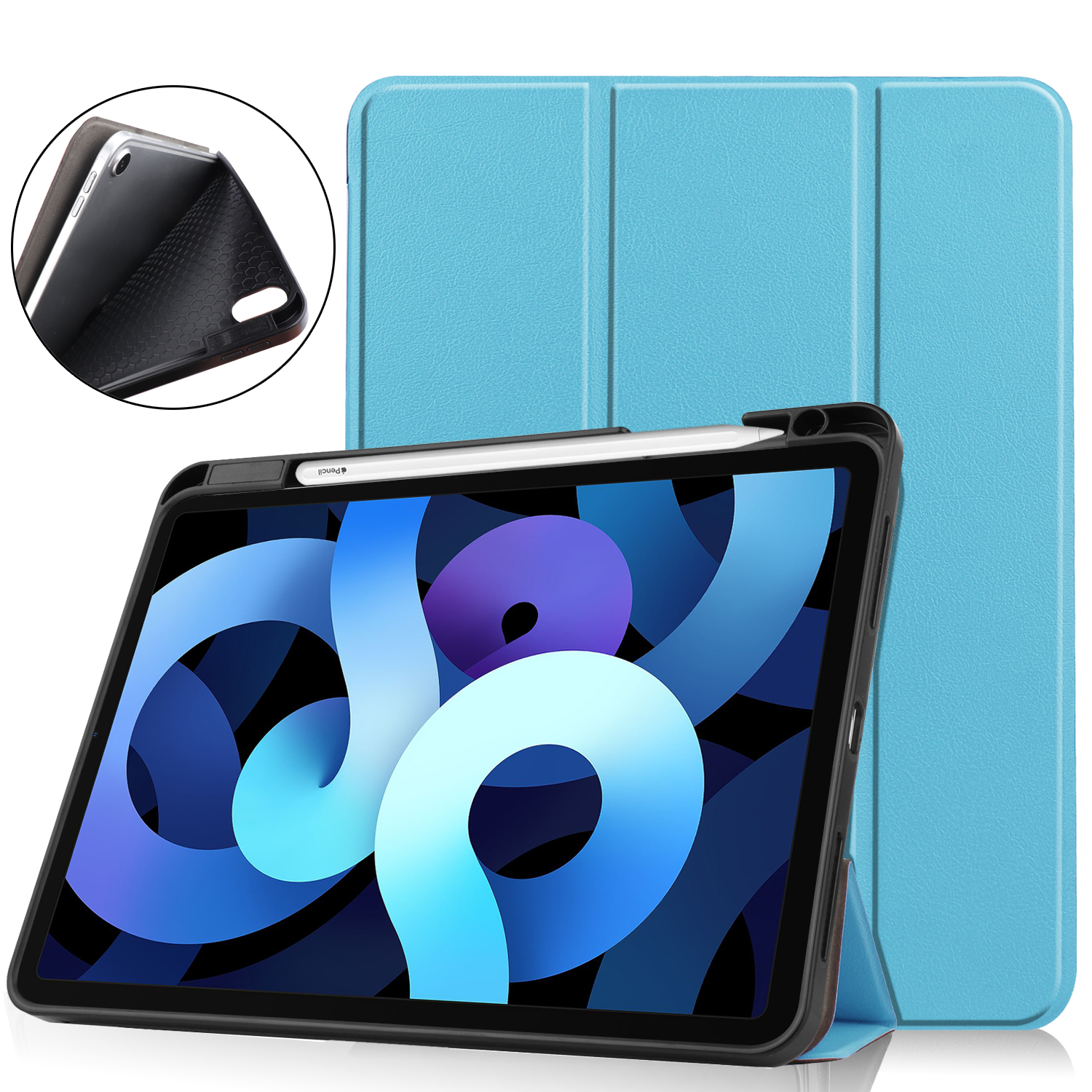 Tablet in blauem Gehäuse. Der Bildschirm zeigt ein farbenfrohes Bild. Ein Stift ist am Gehäuse befestigt.
