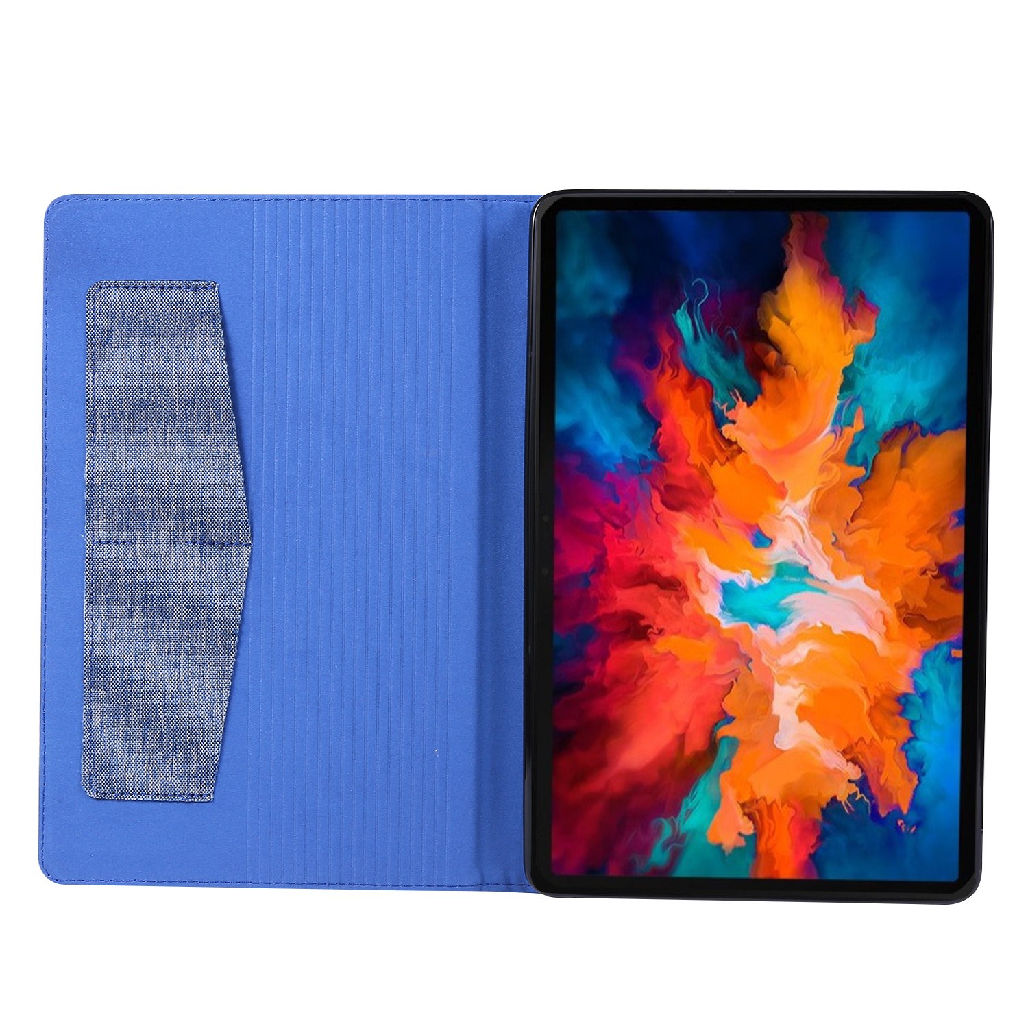 Tablet in blauem Etui, geöffnet, zeigt ein farbenfrohes abstraktes Bild auf dem Bildschirm, mit Tasche links.