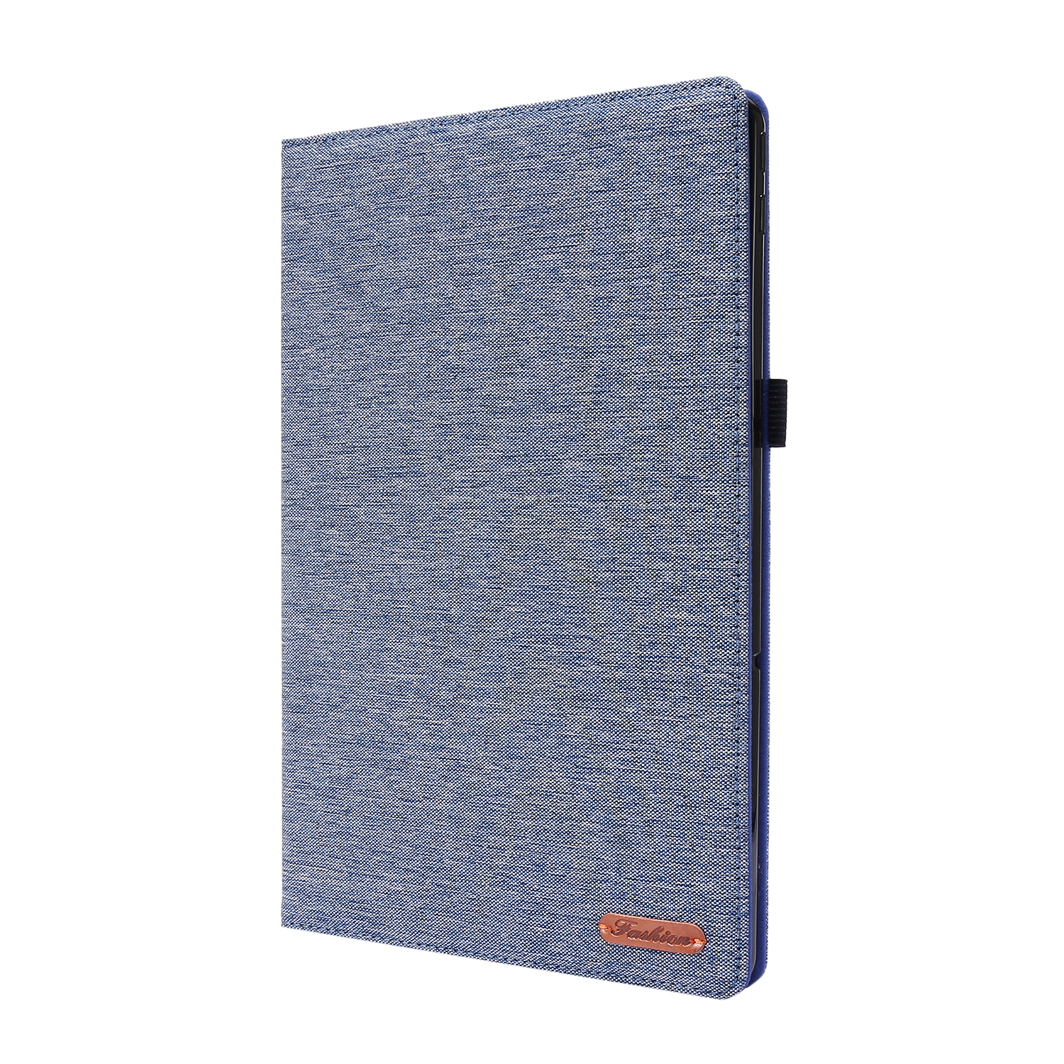 Blaue Tablett-Hülle mit strukturierter Abdeckung. Ein kleines orangefarbenes Etikett unten.
