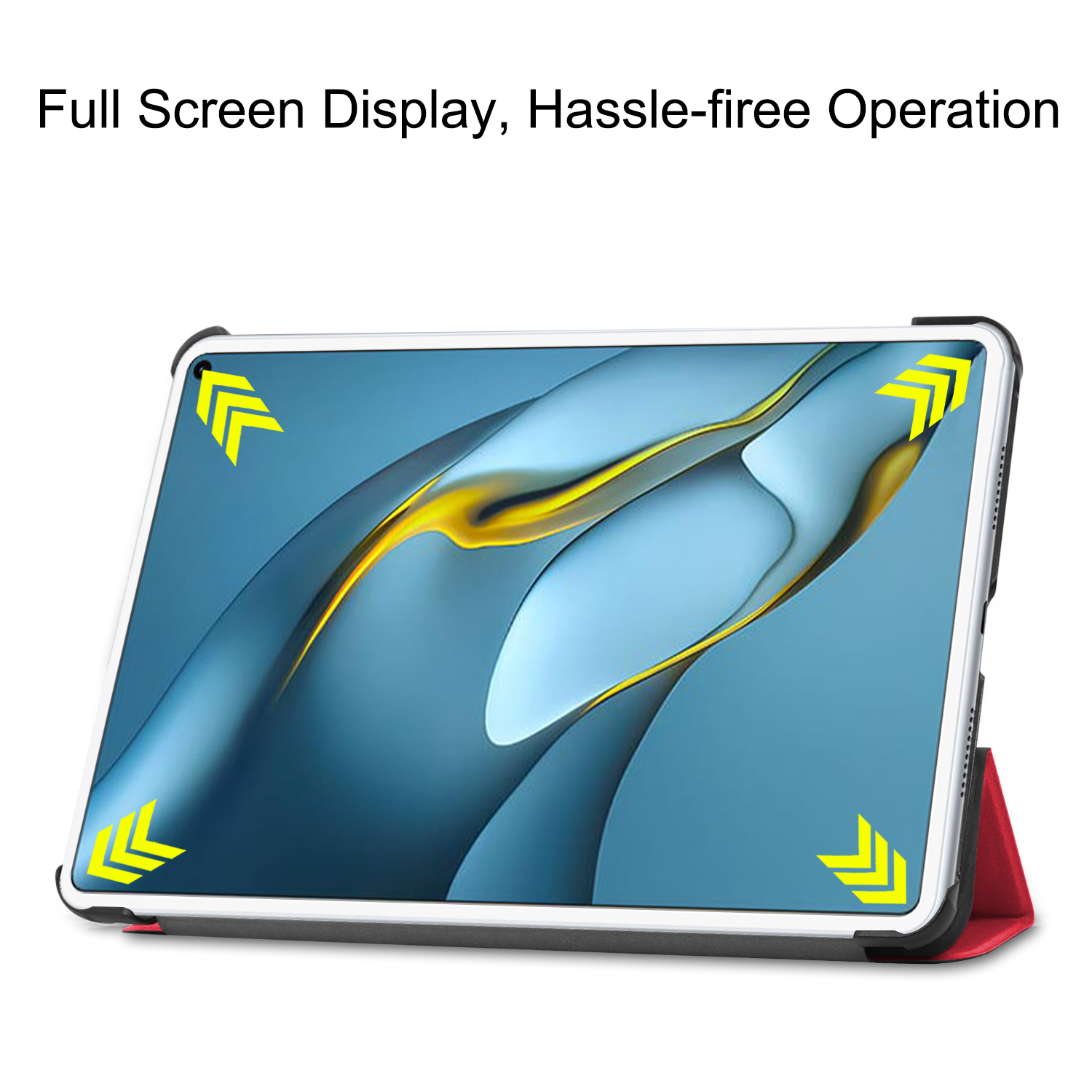 Tablet in schwarzer und roter Hülle. Text sagt: 'Full Screen Display, Hassle-free Operation'.