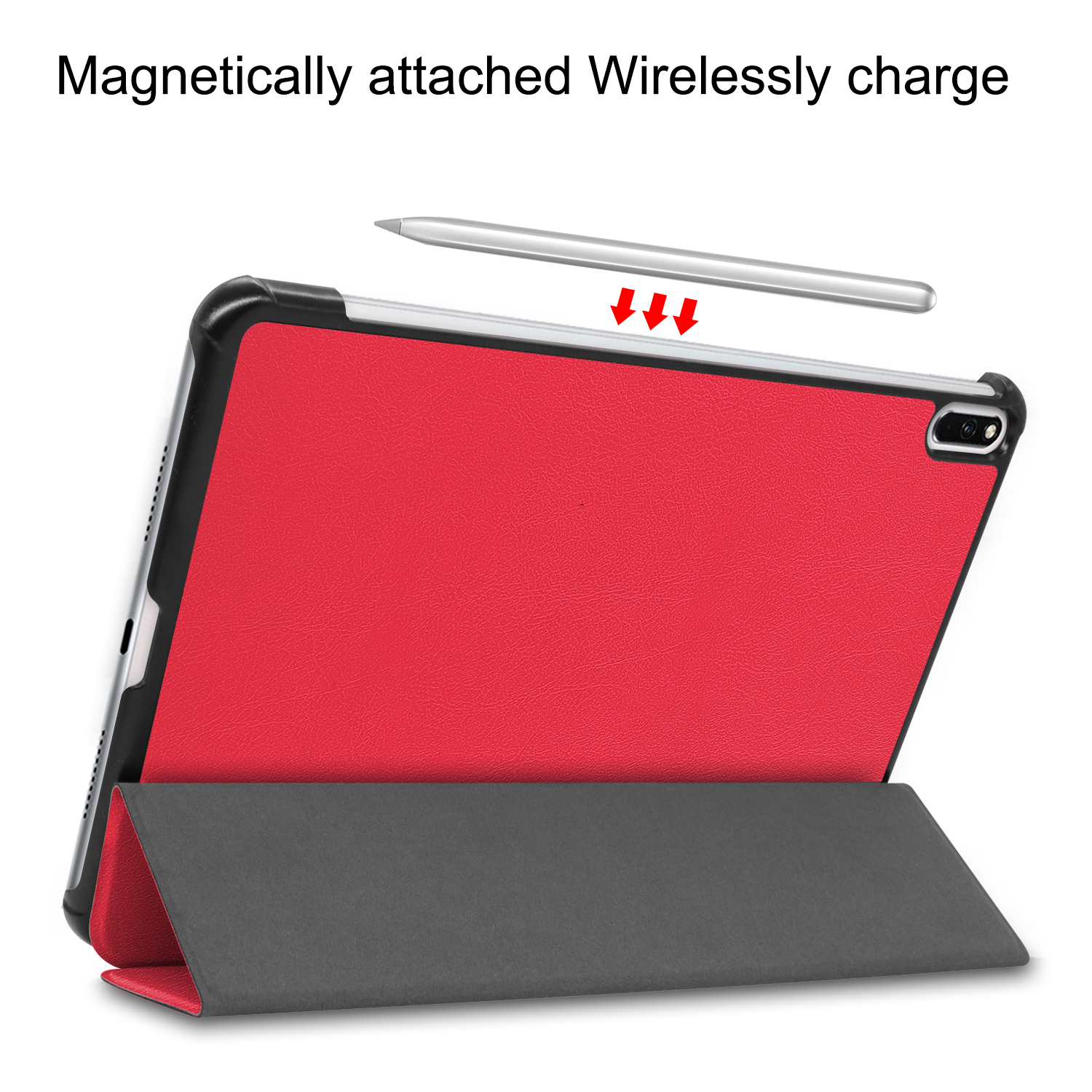 Rote Tablet-Hülle mit grauem Sockel und einem magnetisch befestigten Stift an der Seite.