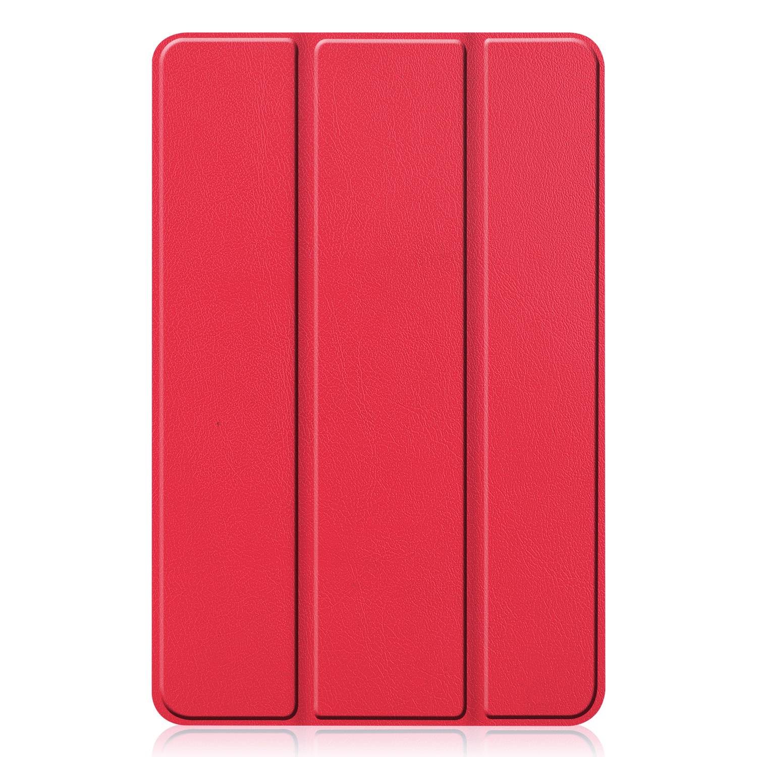 Rote Tablet-Hülle, geschlossen. Die Hülle hat eine glatte, strukturierte Oberfläche. Weißer Hintergrund.
