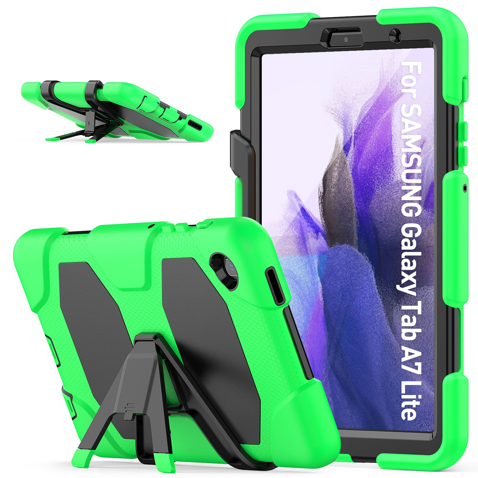 Grüne Tablethülle mit Ständer, schwarzen Akzenten und Text: Für SAMSUNG Galaxy Tab A7 Lite.