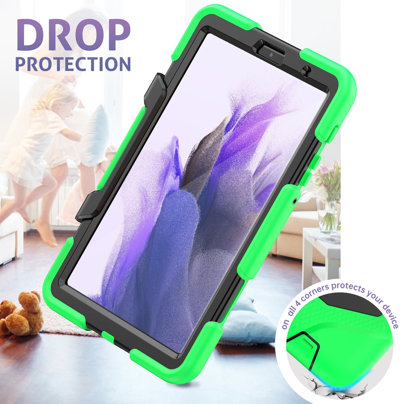 Ein Tablet in einer grünen Hülle mit Fallschutz. Eine Person ist im Hintergrund unscharf dargestellt.