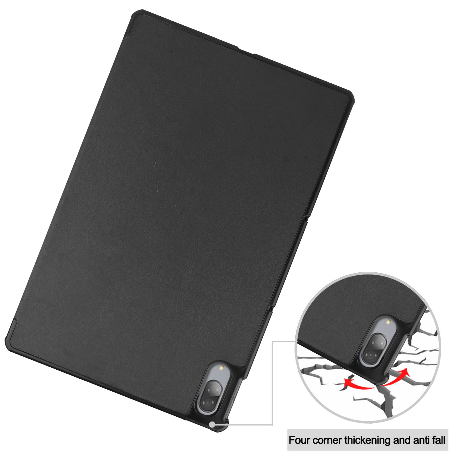 Schwarze Tablet-Hülle, abgewinkelt, mit Kameraausschnitt und Anti-Fall-Design. Weißer Hintergrund.
