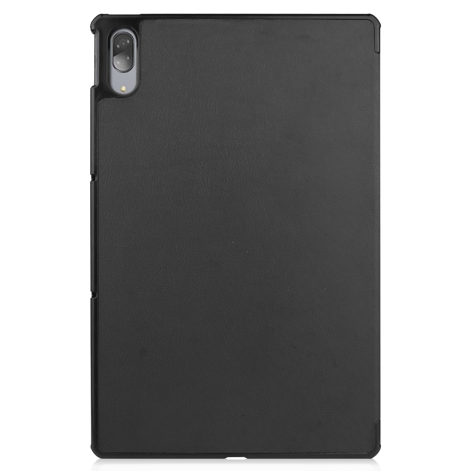 Eine schwarze Tablet-Hülle. Die Hülle ist einfarbig mit Aussparungen für Kamera und Knöpfe.