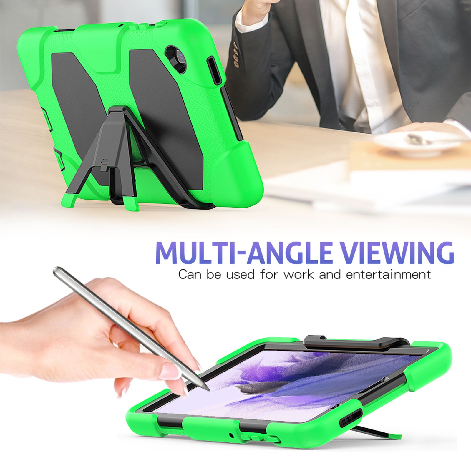 Grüne Tablet-Hülle mit Ständer, eine Hand, die einen Stift benutzt, und Text: Multi-Angle Viewing für Arbeit und Unterhaltung.