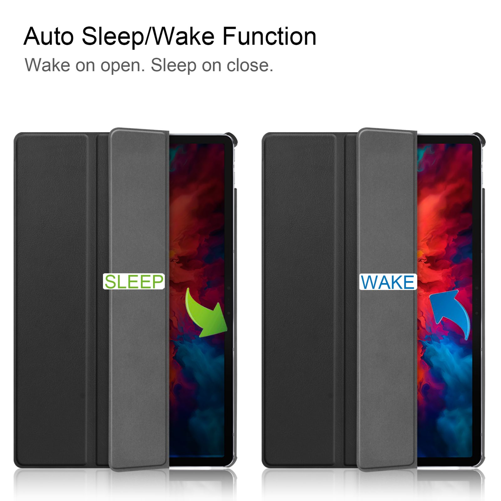 Tablet-Hülle offen und geschlossen mit 'Sleep' und 'Wake' mit Pfeilen.