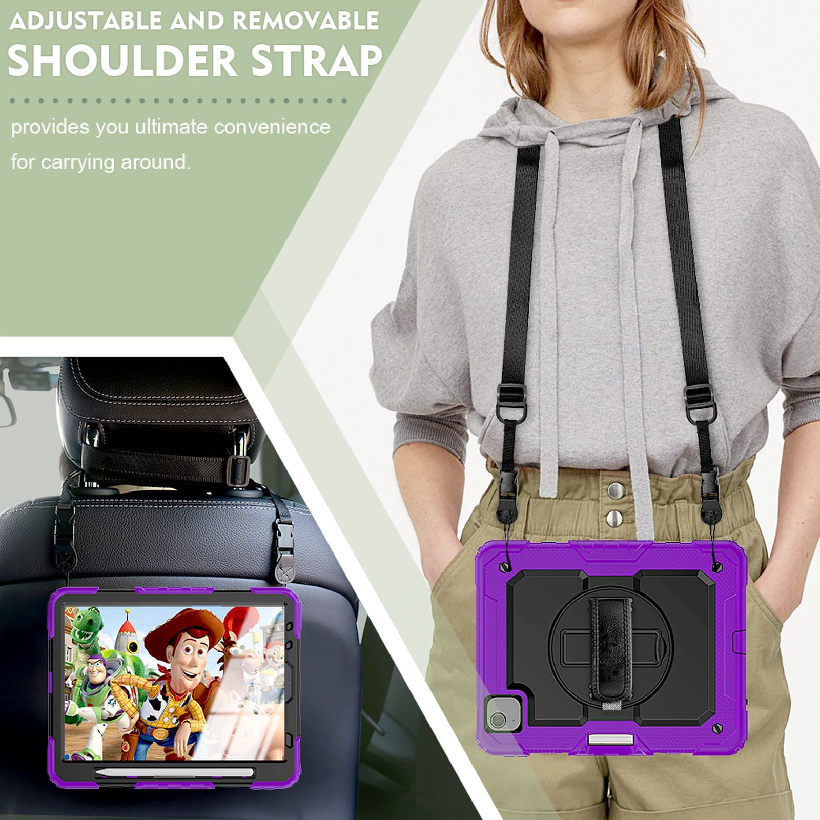 Tablet in einer lila Hülle mit Schulterriemen. Das Tablet ist an einem Autositz befestigt.