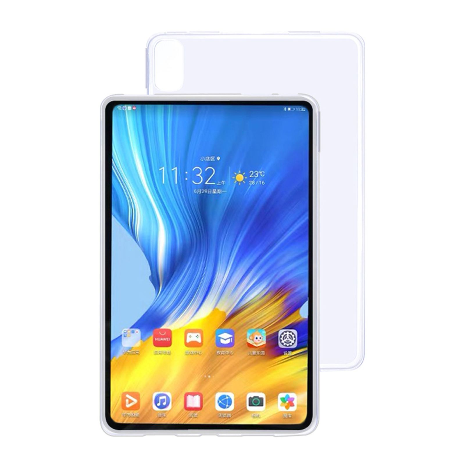 Ein Tablet in einer transparenten Hülle. Der Bildschirm zeigt eine Uhrzeit und einige Symbole.