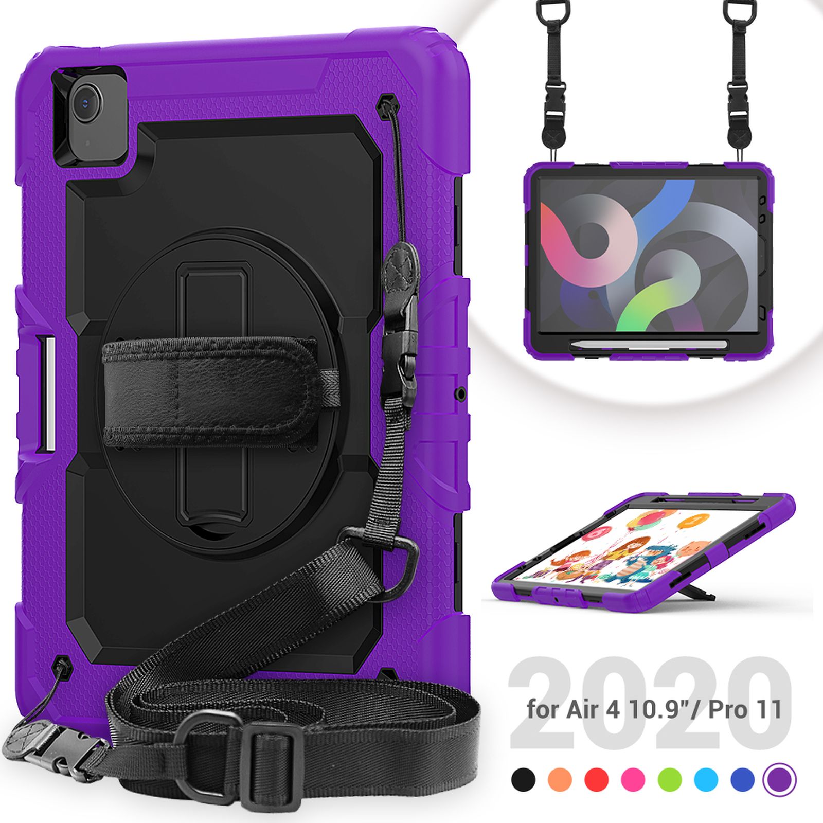 Lila Tablet-Hülle mit schwarzem Innenraum, Riemen und mehreren Winkeln mit Text: für Air 4 10,9/Pro 11.